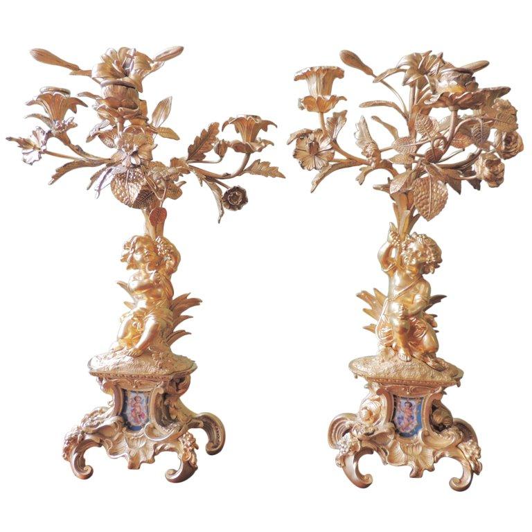 Mid 19th C French Sèvres and Bronze Doré Candelabras