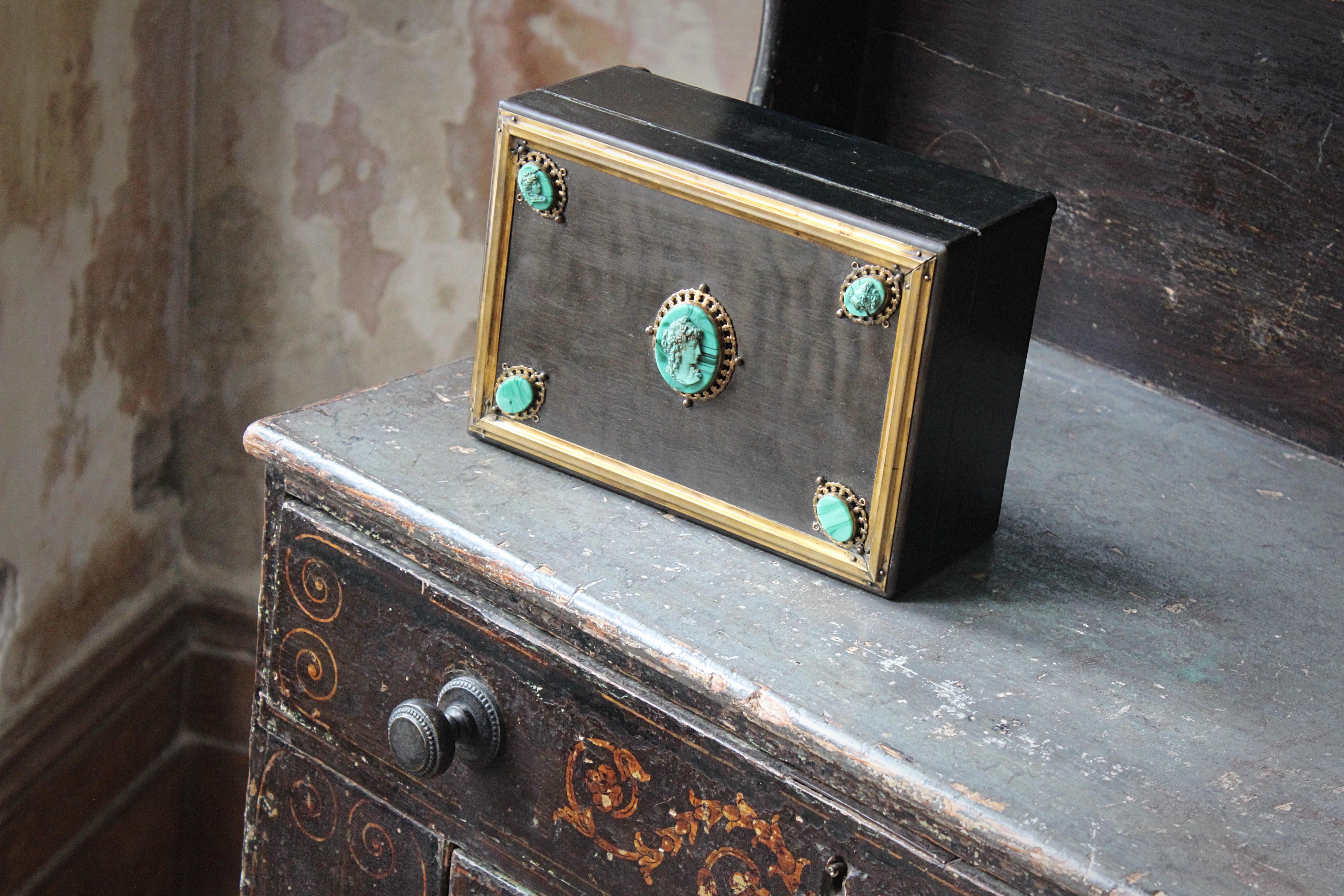 Mid 19th C Grand Tour Brass Malachite Cameo & Ebonised Trinket Jewellery Box 8