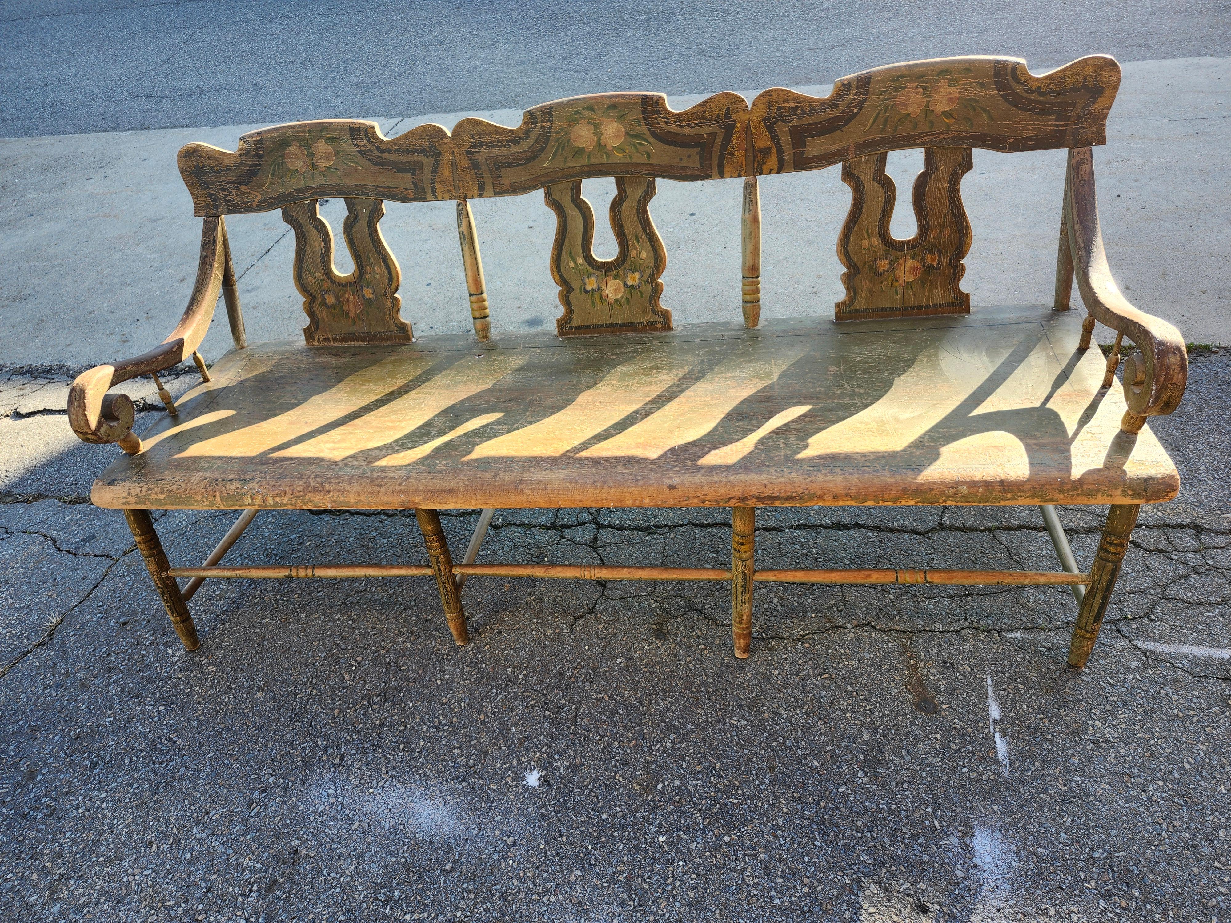 Mid 19th C Hand Crafted & Hand Painted Pennsylvania Plank Settle Original For Sale 8