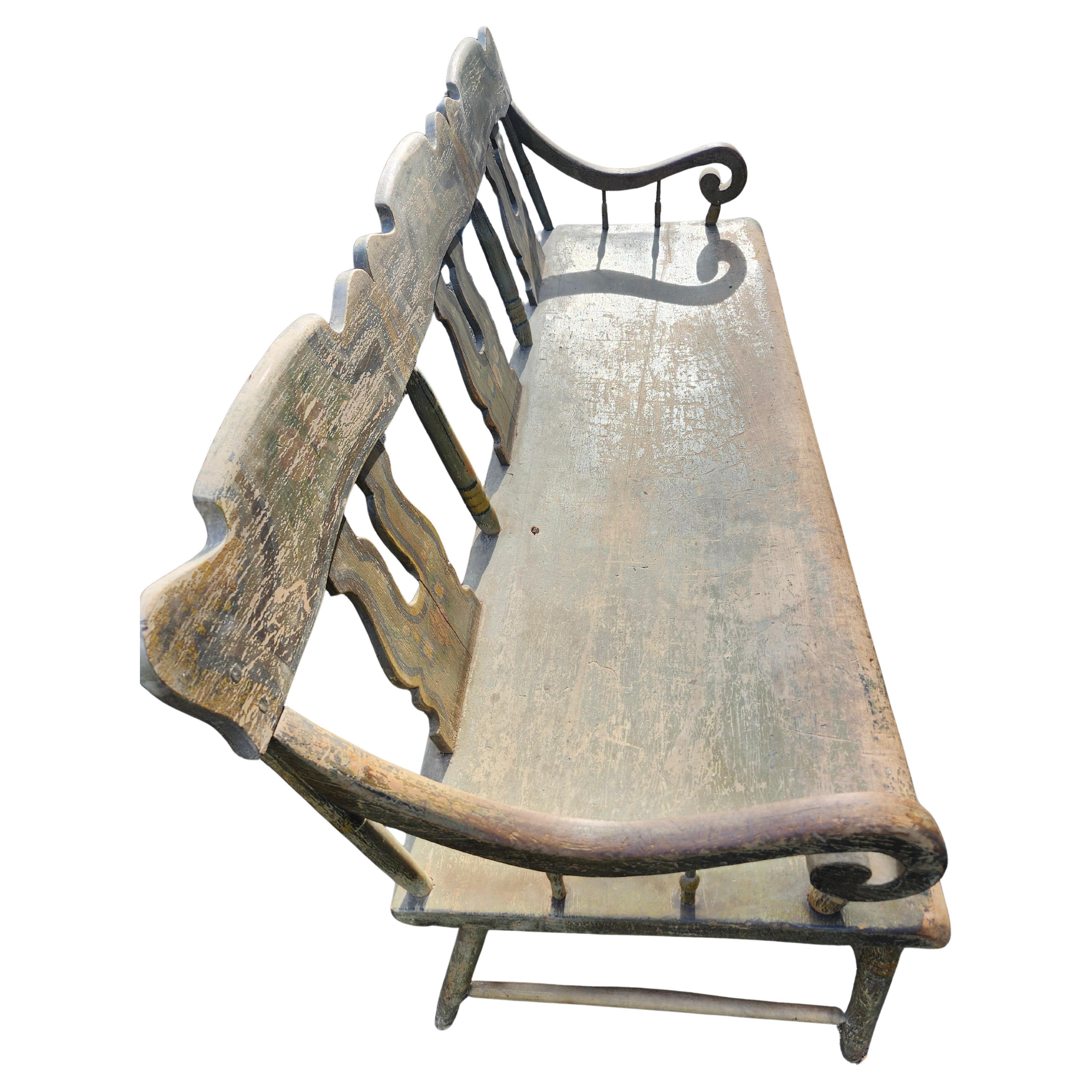 Hand-Crafted Mid 19th C Hand Crafted & Hand Painted Pennsylvania Plank Settle Original For Sale