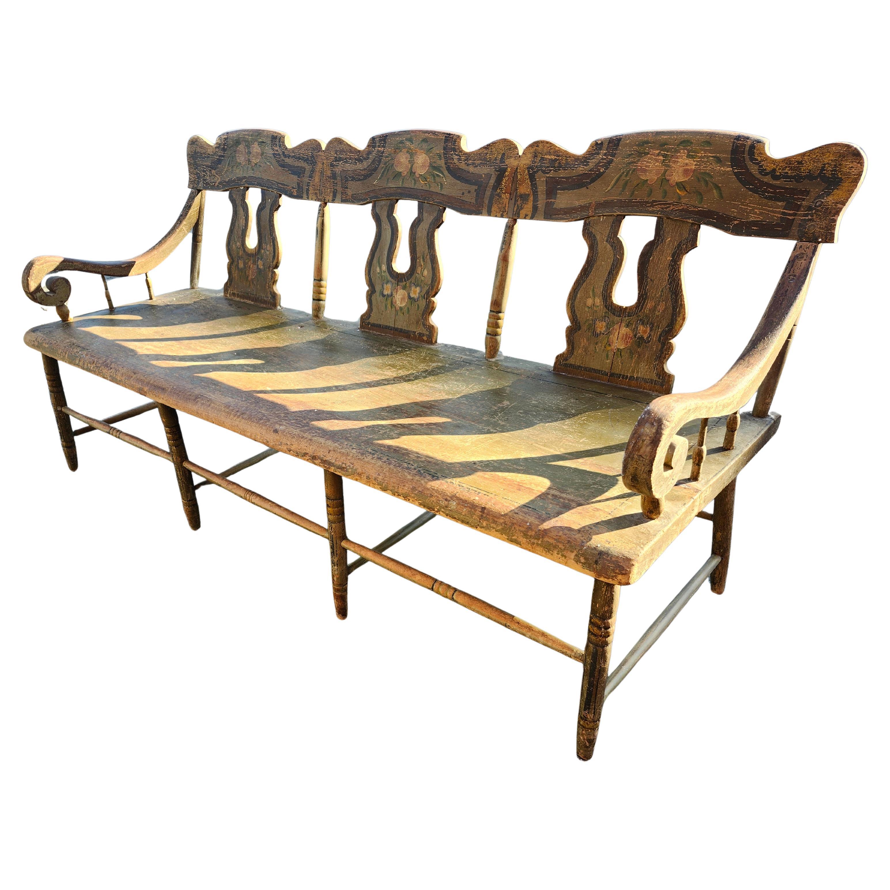 Mid 19th C Hand Crafted & Hand Painted Pennsylvania Plank Settle Original For Sale 1