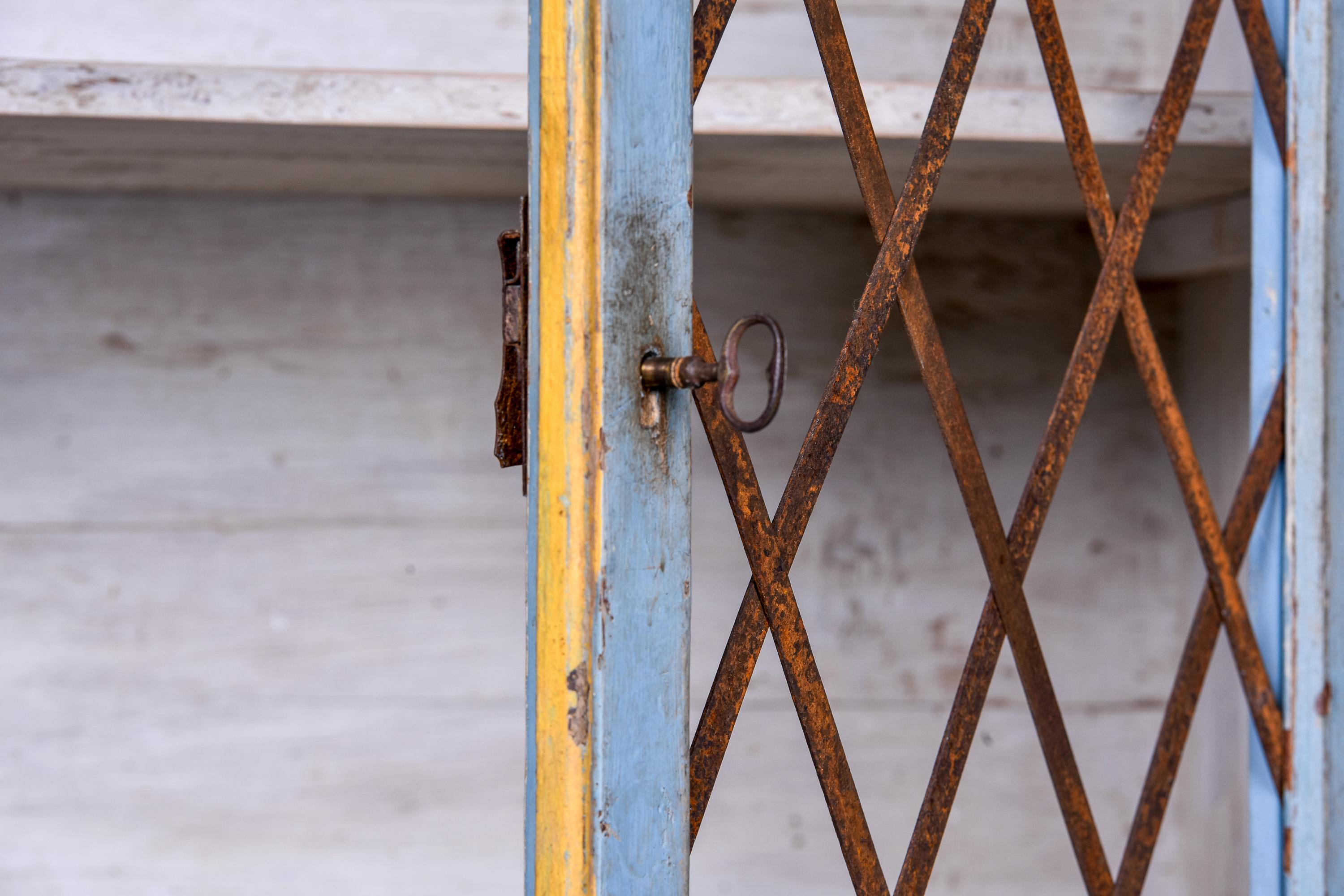 Italienisches blau lackiertes Schrank mit Metallgittertüren aus der Mitte des 19. Jahrhunderts im Zustand „Gut“ in Troy, MI