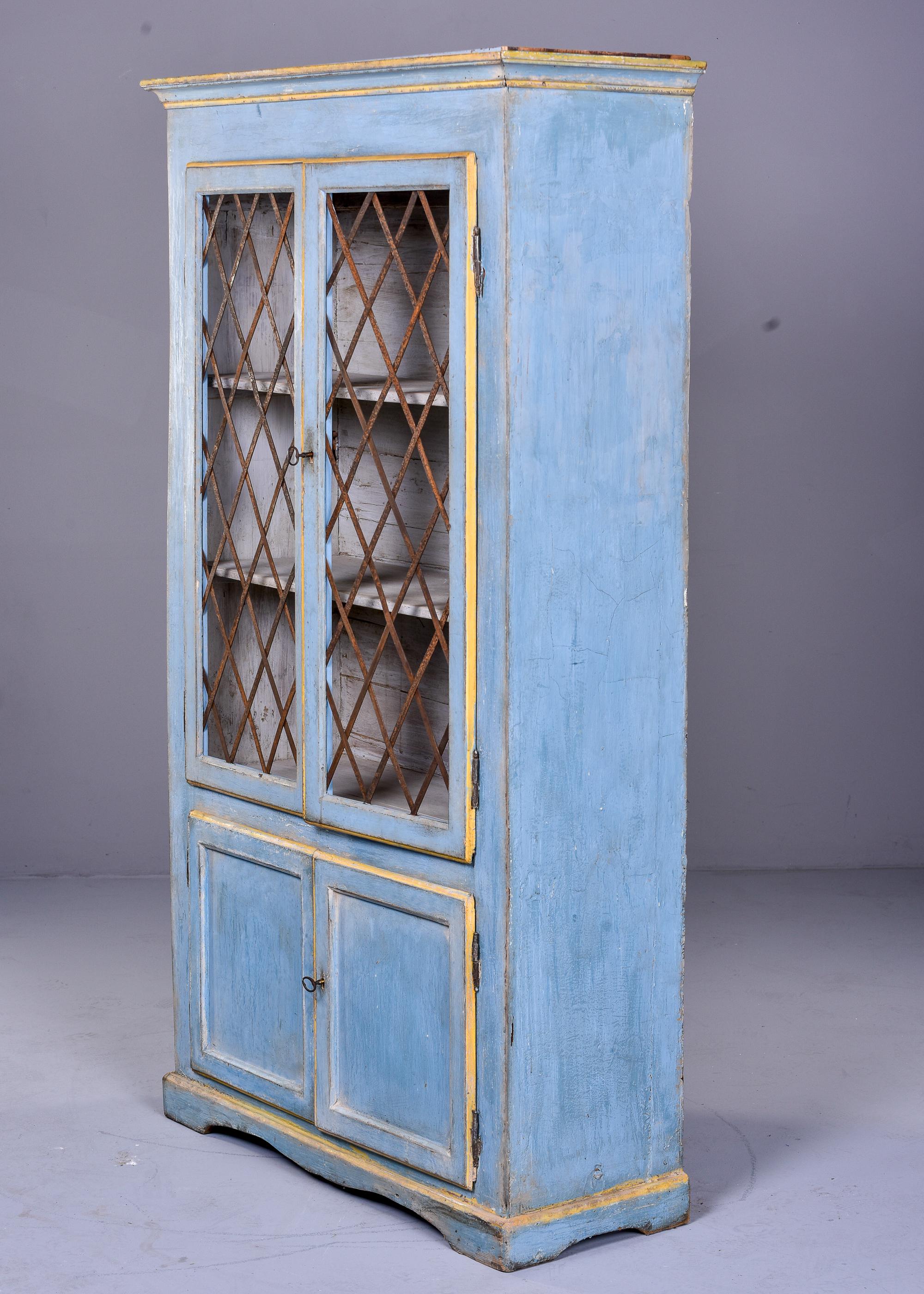 Italienisches blau lackiertes Schrank mit Metallgittertüren aus der Mitte des 19. Jahrhunderts 1