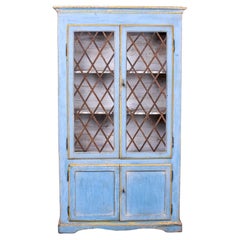 Mid 19th C Italian Blue Painted Cupboard with Metal Lattice Doors