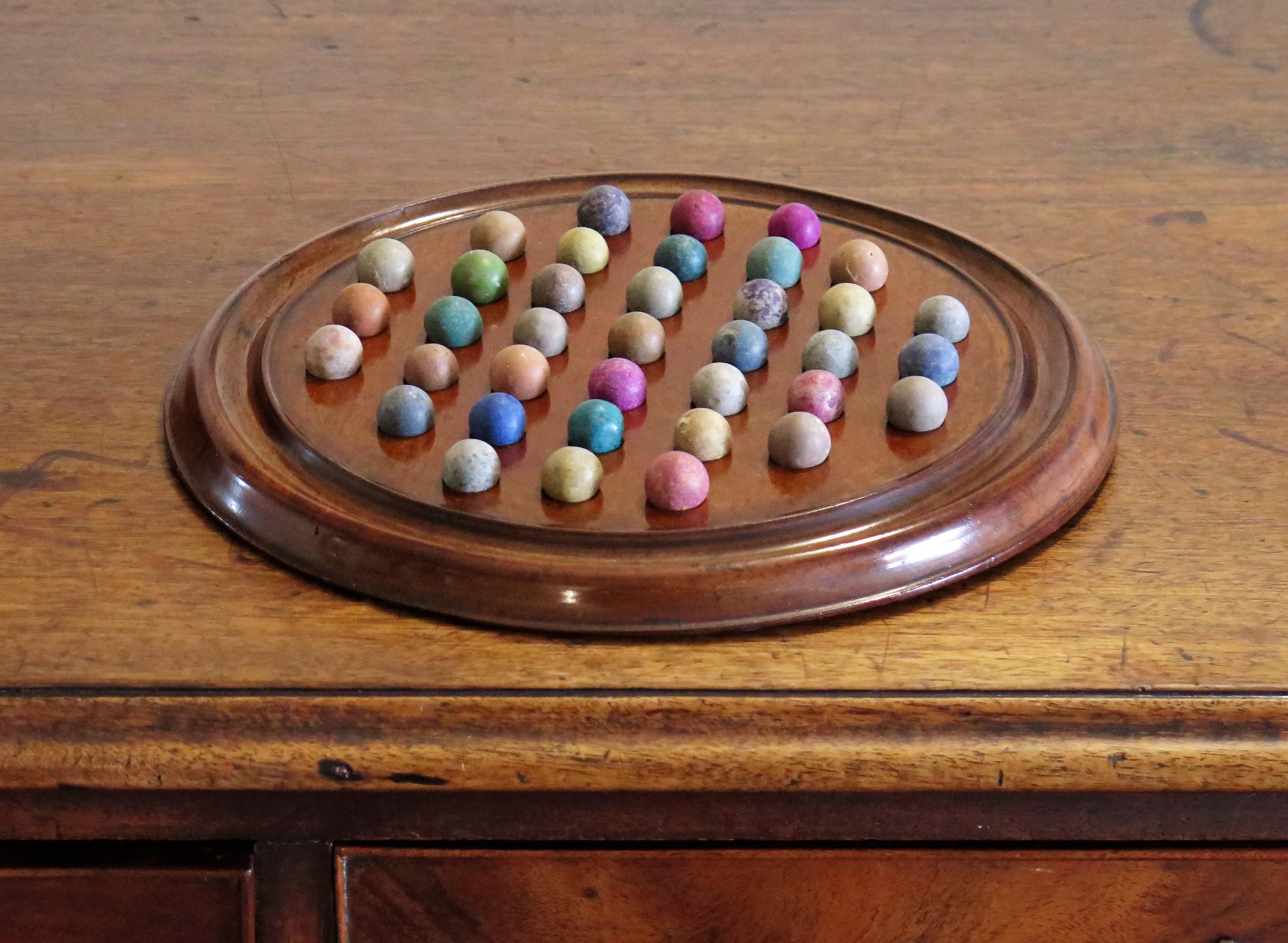 Marble Solitaire Game Mahogany Board 37 Handmade Clay /Stone Marbles 8