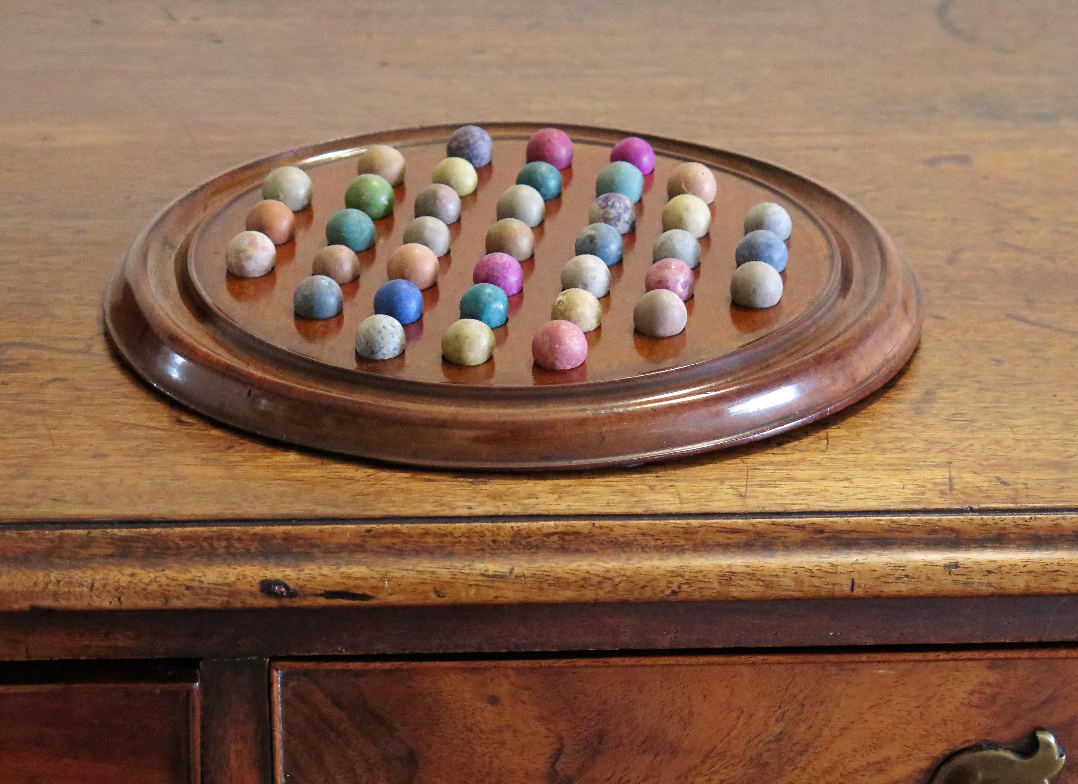 Marble Solitaire Game Mahogany Board 37 Handmade Clay /Stone Marbles 9