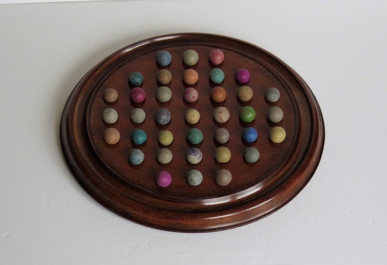 Marble Solitaire Game Mahogany Board 37 Handmade Clay /Stone Marbles at