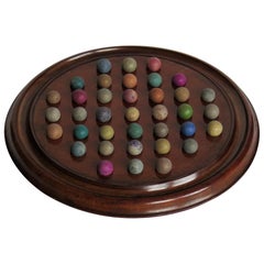 Marble Solitaire Game Mahogany Board 37 Handmade Clay /Stone Marbles