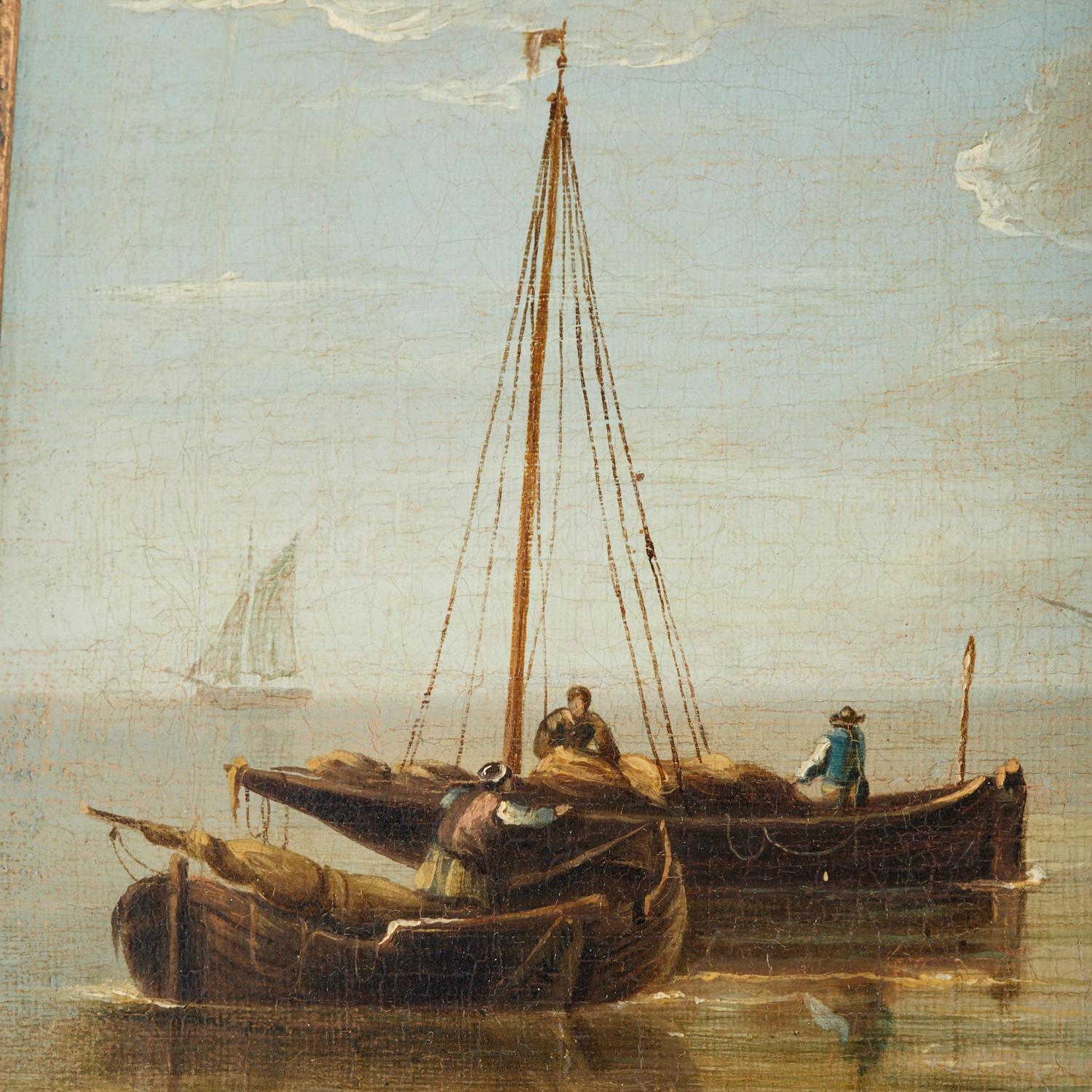 Manière de William Adolphus Knell (britannique 1805-1875). Huile maritime sur toile encadrée. Trois-mâts à gréement carré en arrière-plan, avec des bateaux de pêche au premier plan. Aucune signature observée. Une belle scène avec une grande