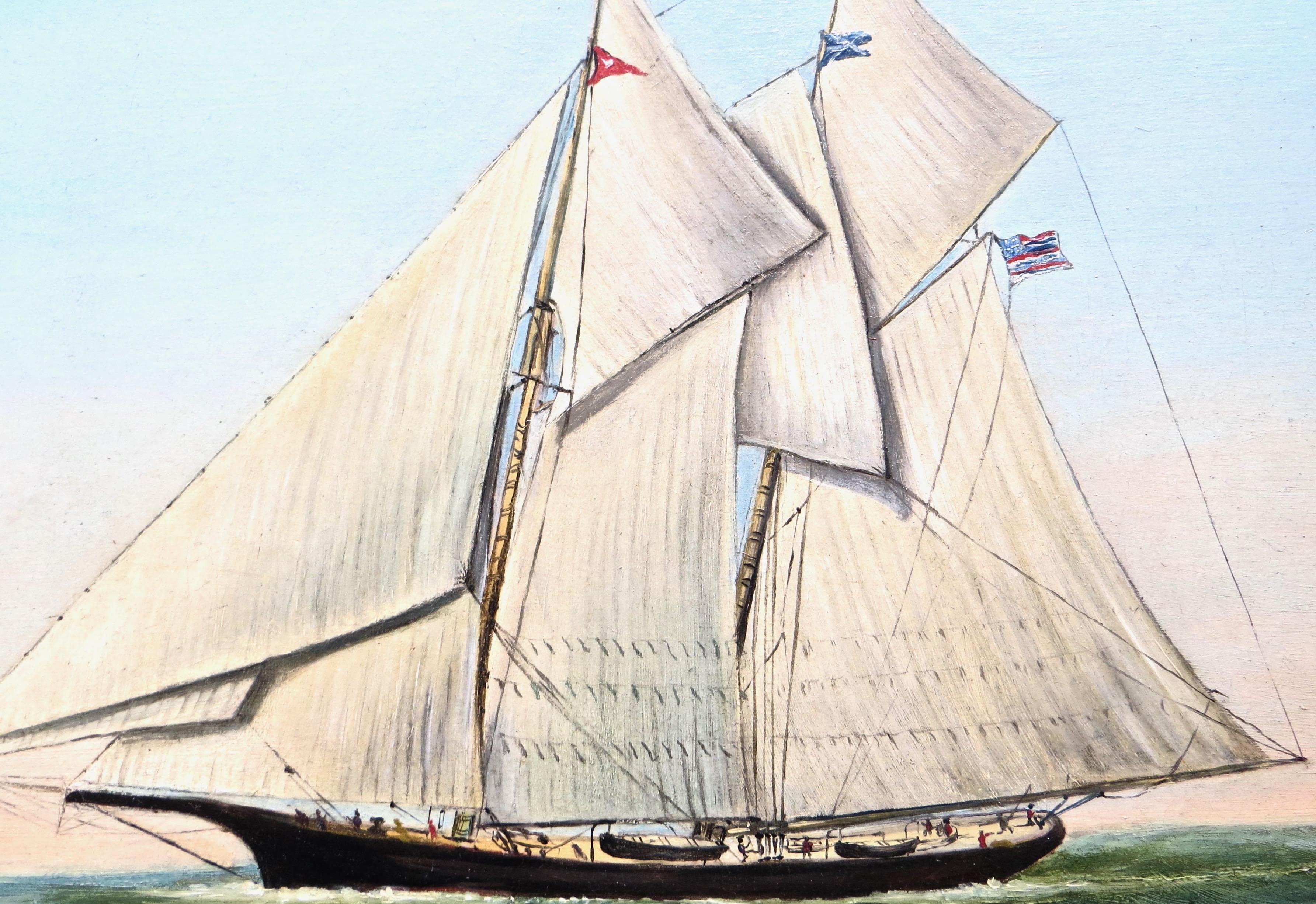 Fine quality mid 19th century period oil on canvas painting; American School depicting a schooner in full sail at sea; resembling the popular yacht, and first America's Cup winner 