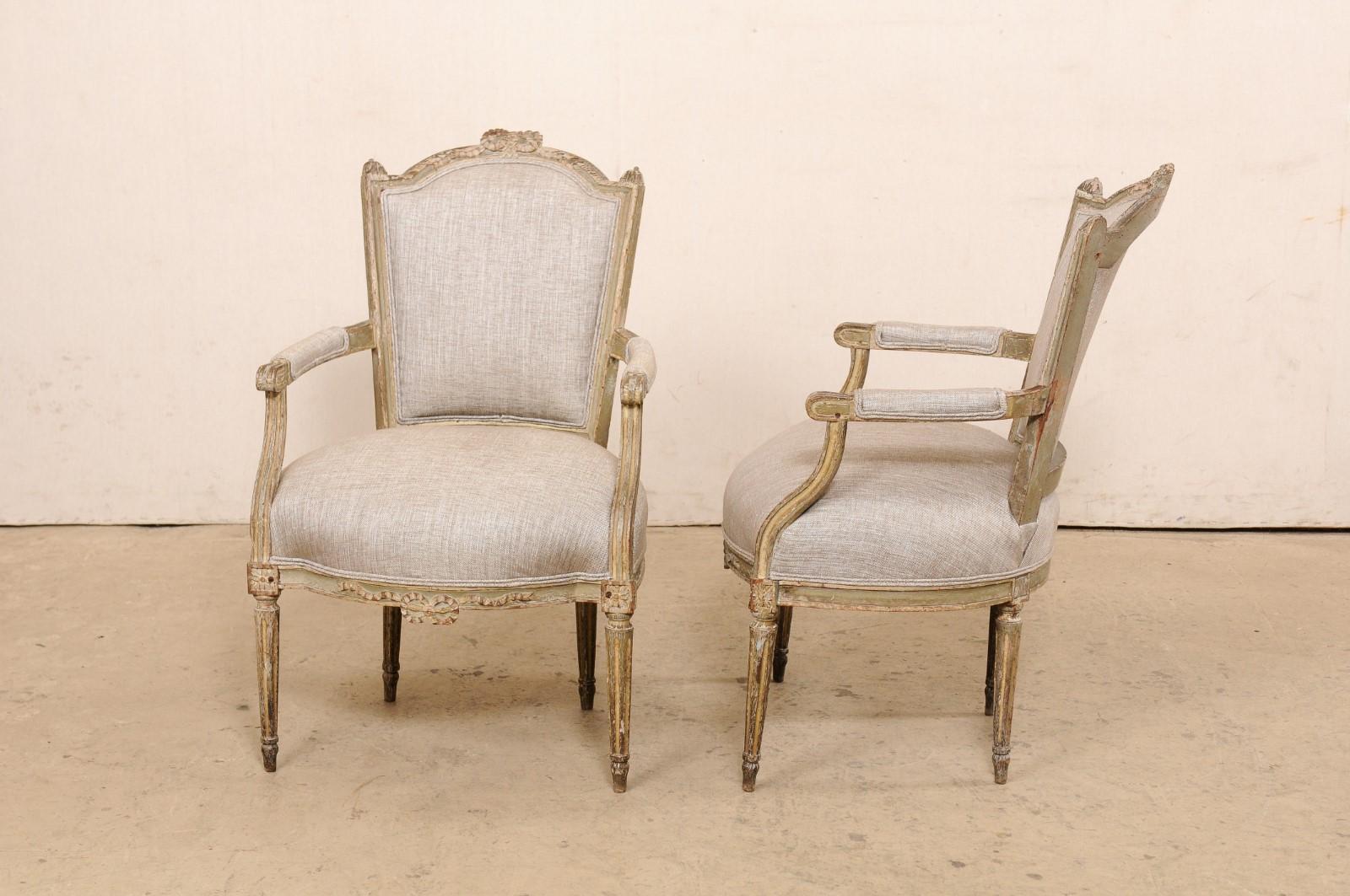 Mid 19th C. Pair French Louis XVI Style Armchairs, Newly Upholstered 4