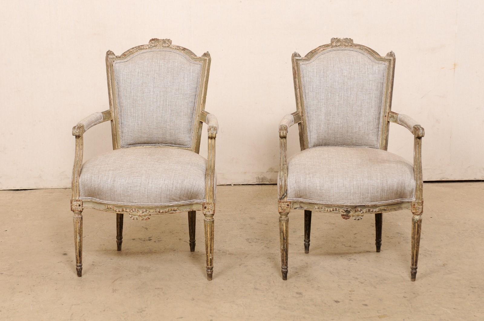 Mid 19th C. Pair French Louis XVI Style Armchairs, Newly Upholstered 5
