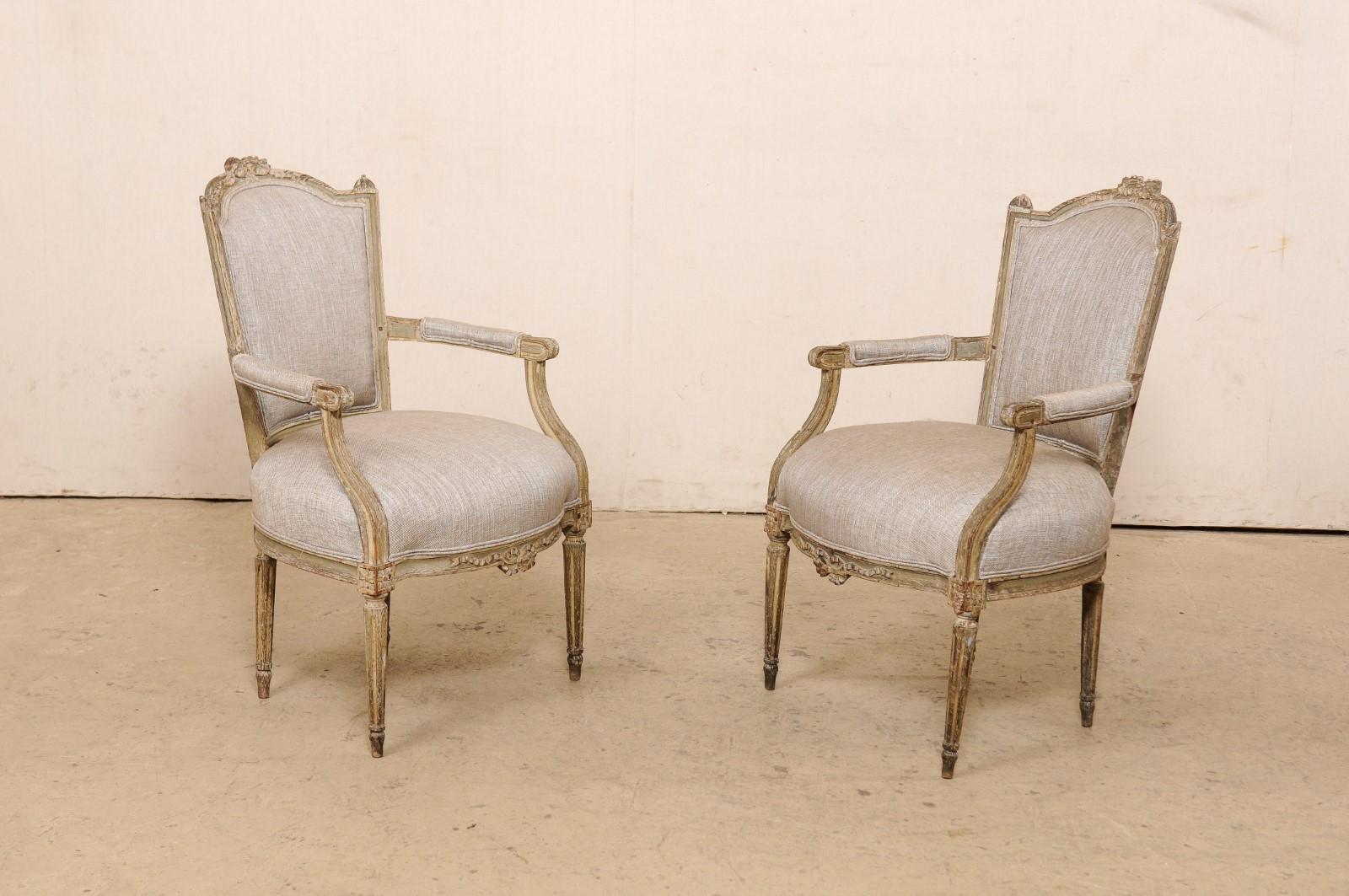 Mid 19th C. Pair French Louis XVI Style Armchairs, Newly Upholstered 6