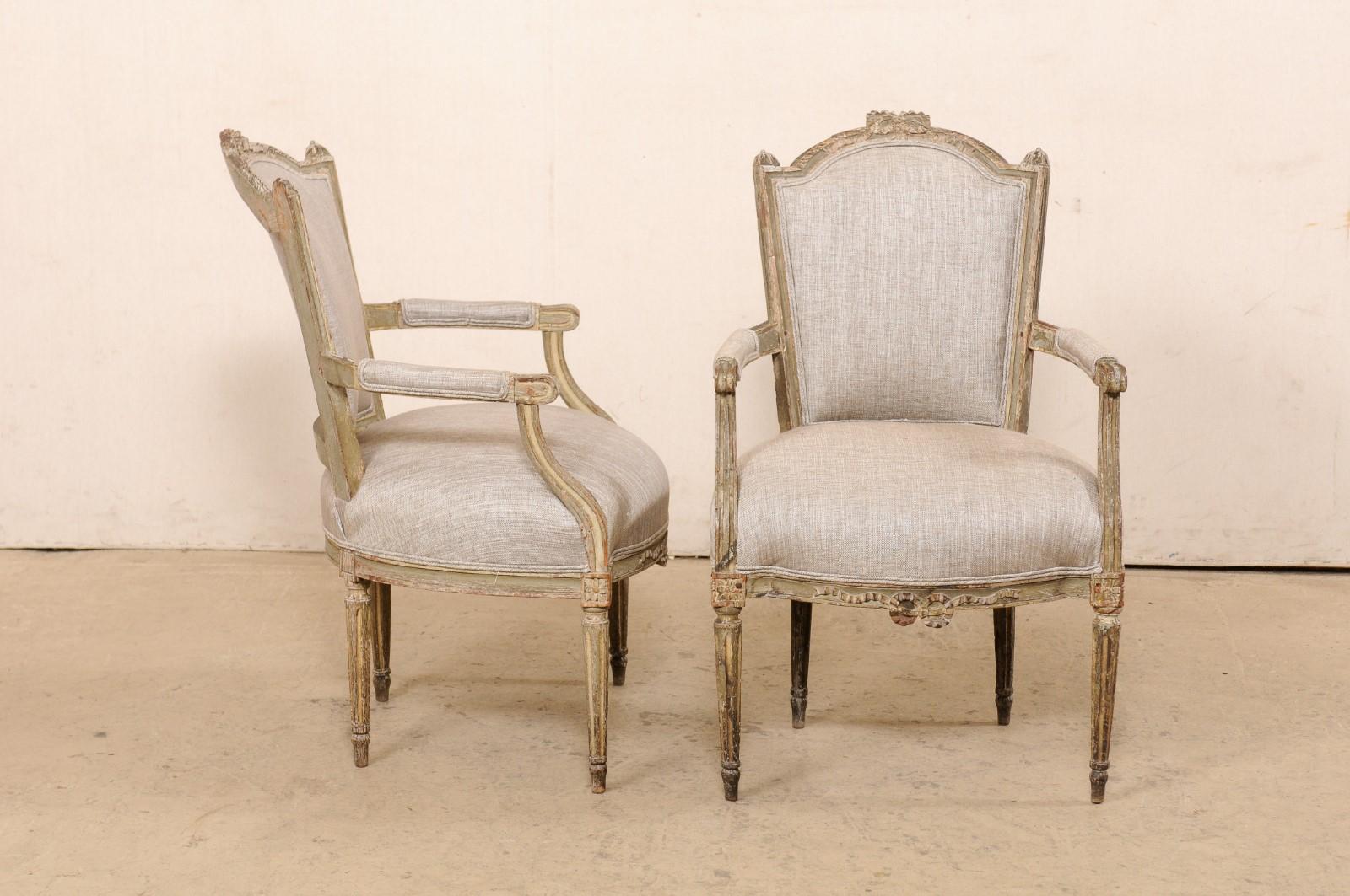 Upholstery Mid 19th C. Pair French Louis XVI Style Armchairs, Newly Upholstered
