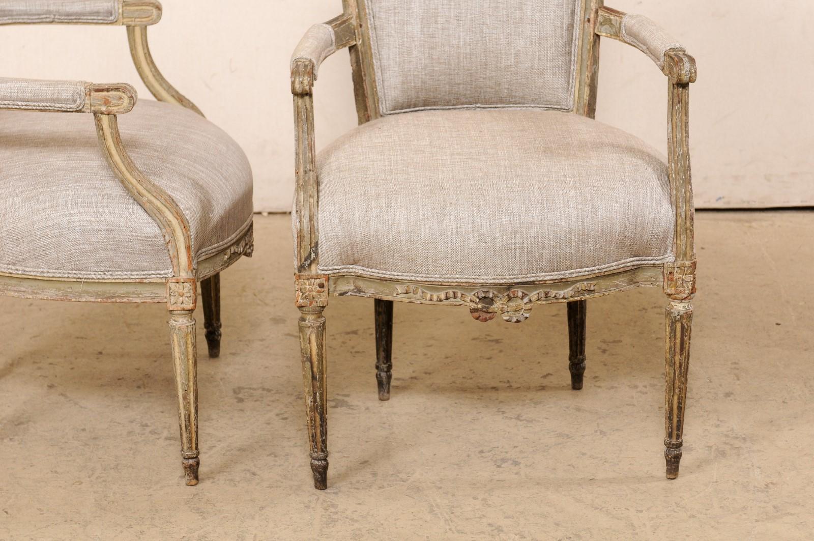Mid 19th C. Pair French Louis XVI Style Armchairs, Newly Upholstered 1