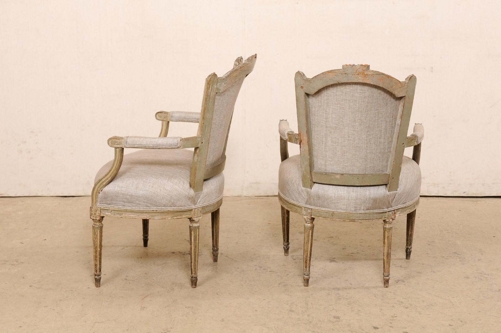 Mid 19th C. Pair French Louis XVI Style Armchairs, Newly Upholstered 3