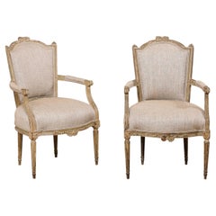 Antique Mid 19th C. Pair French Louis XVI Style Armchairs, Newly Upholstered