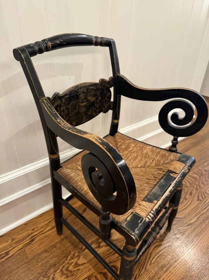 Mid-19th C. Signed Hitchcock Black & Gold-Stenciled Rush Armchair (Fauteuil en jonc noir et or) Bon état - En vente à Cookeville, TN