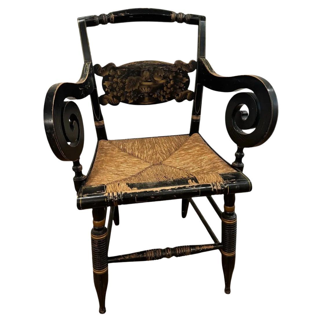 Mid-19th C. Signed Hitchcock Black & Gold-Stenciled Rush Armchair (Fauteuil en jonc noir et or)
