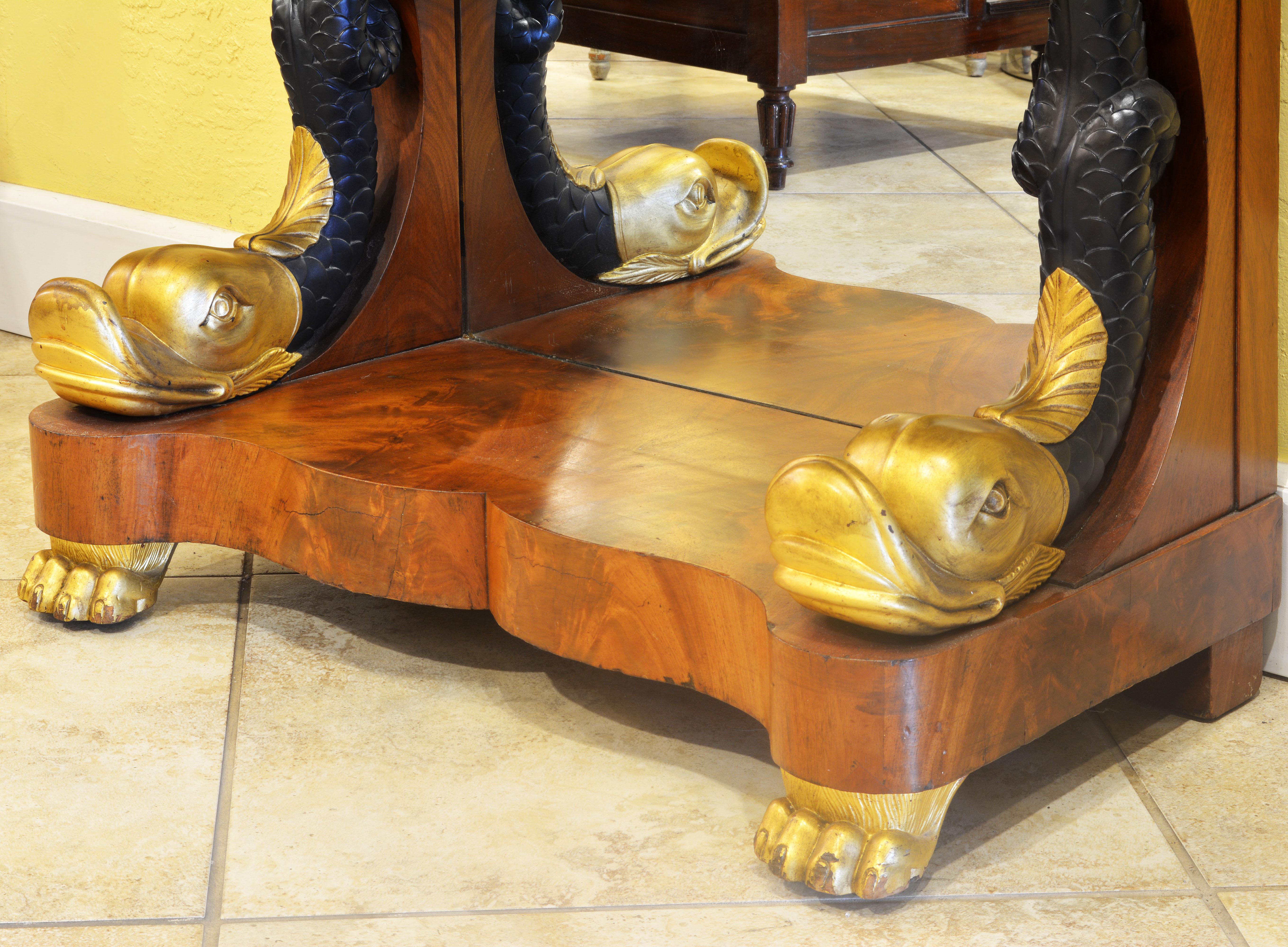 Mid-19th Century English Carved and Parcel Gilt Marble Top Dolphin Console Table In Good Condition In Ft. Lauderdale, FL