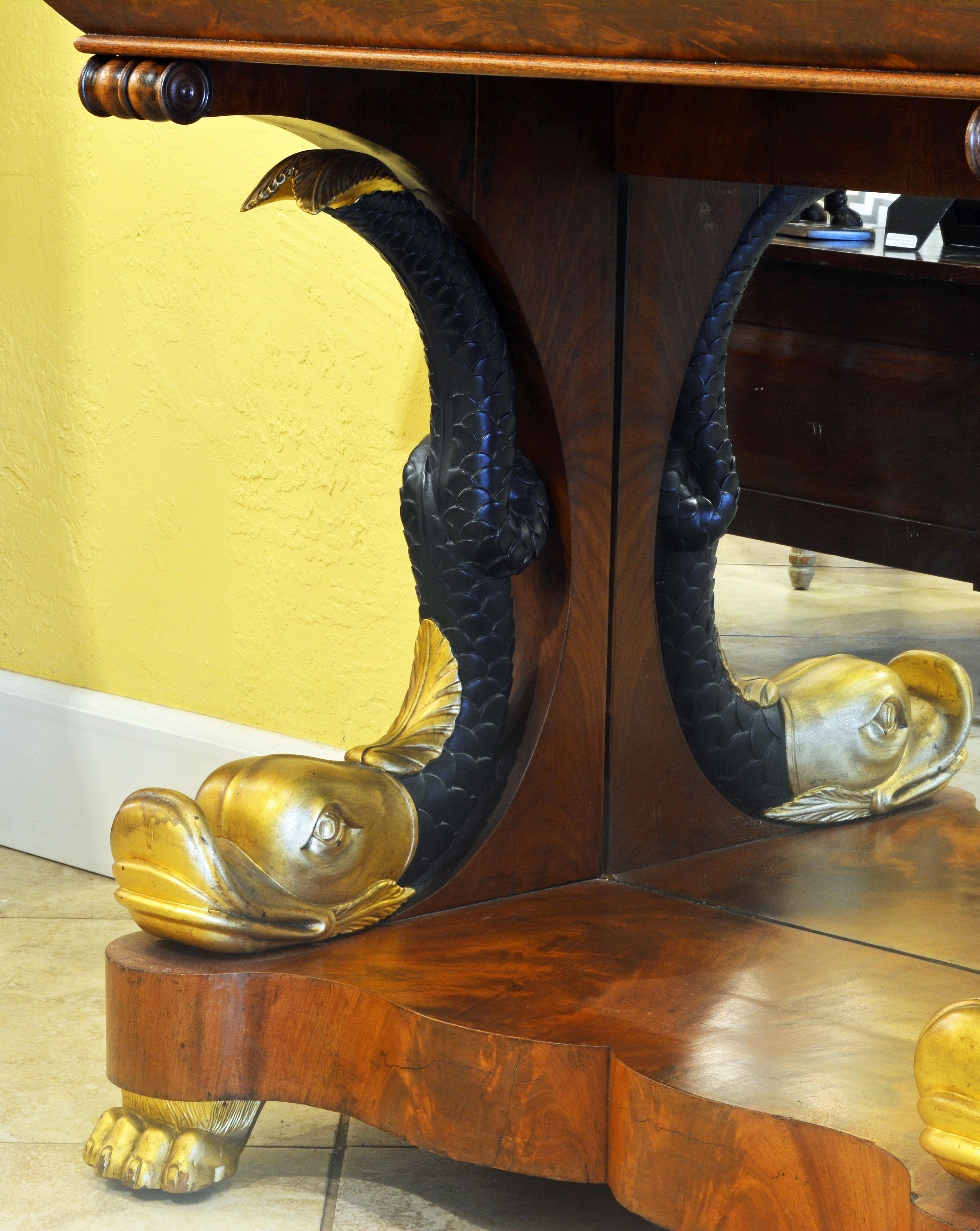 Mirror Mid-19th Century English Carved and Parcel Gilt Marble Top Dolphin Console Table