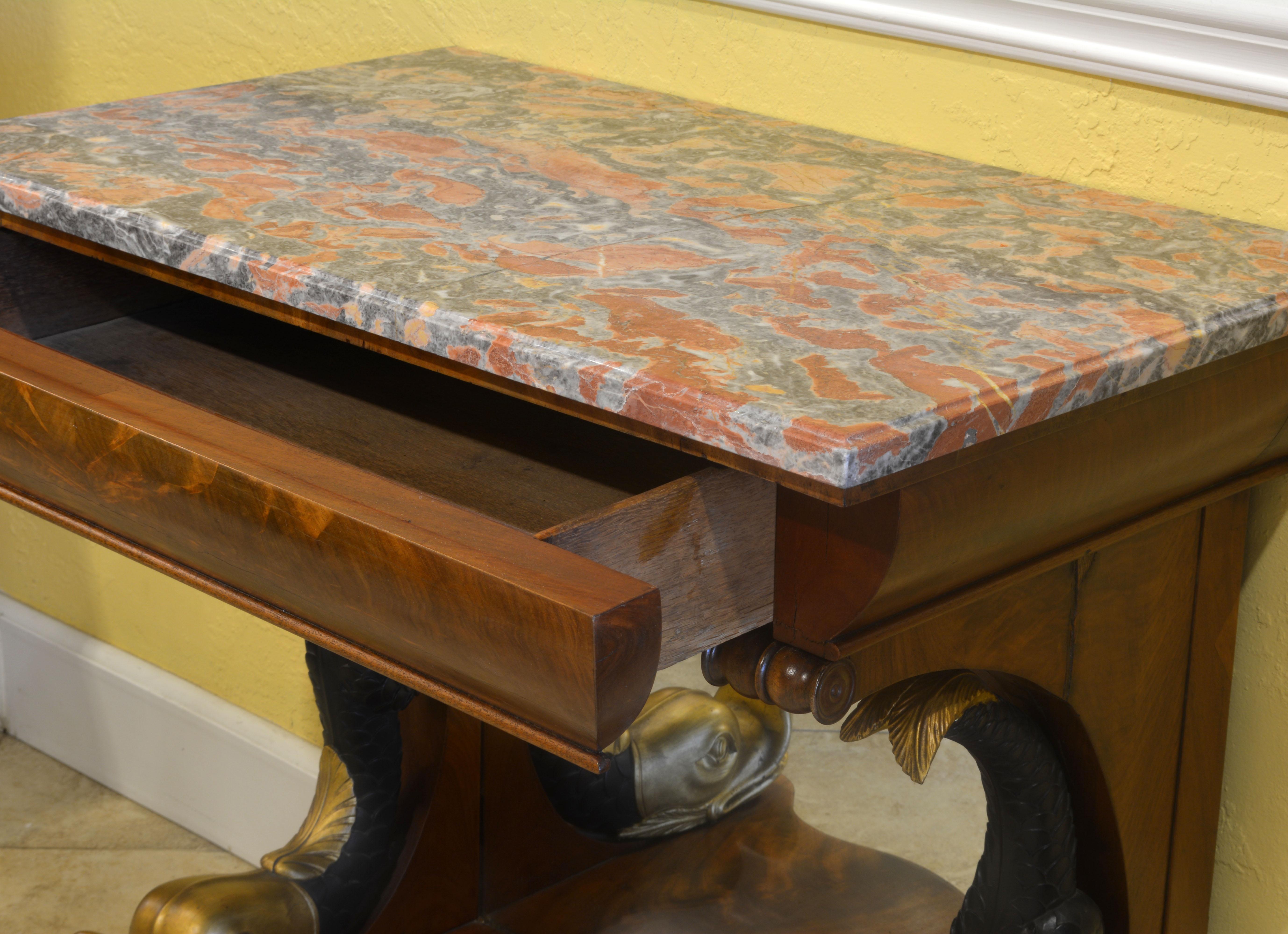Mid-19th Century English Carved and Parcel Gilt Marble Top Dolphin Console Table 3