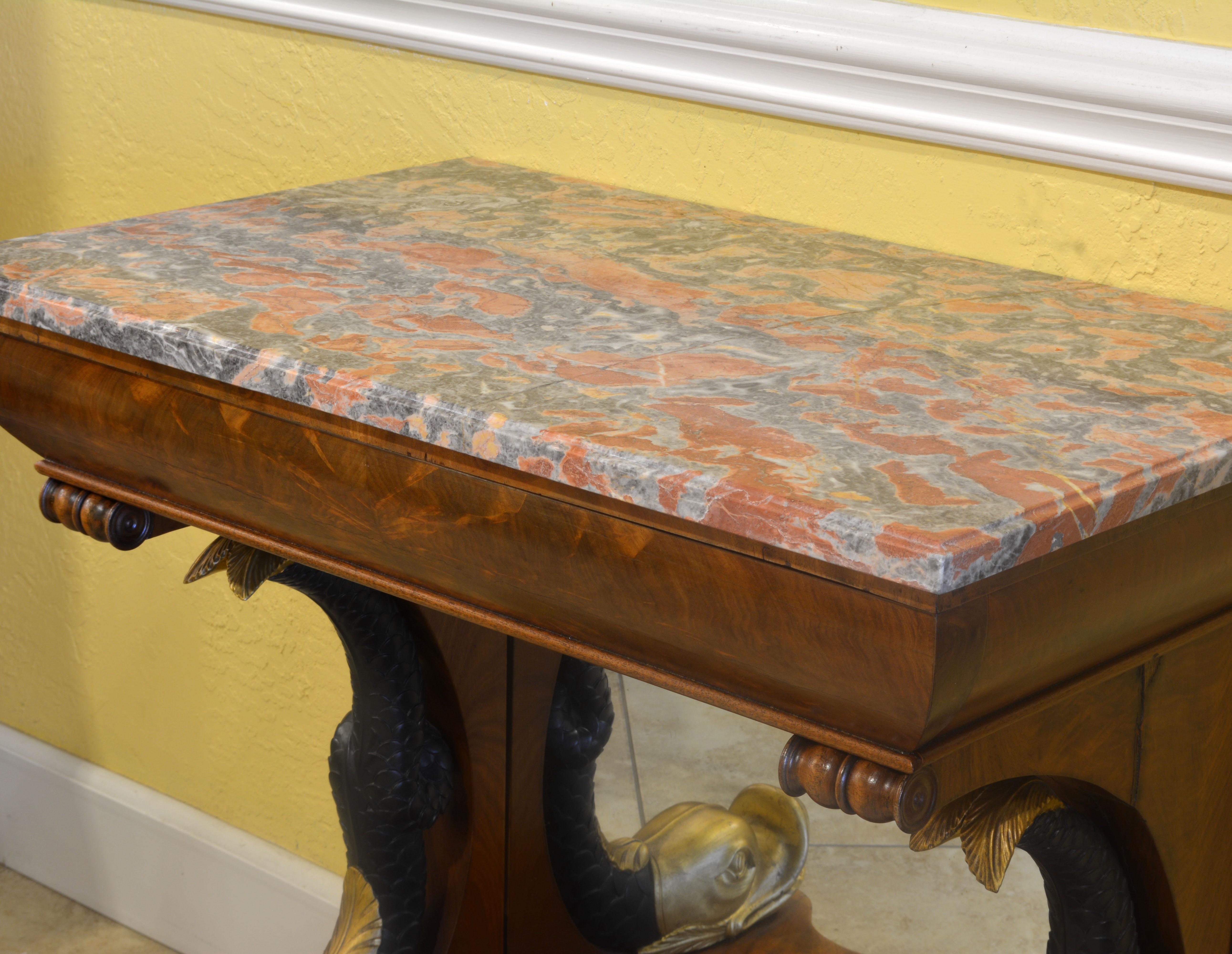Mid-19th Century English Carved and Parcel Gilt Marble Top Dolphin Console Table 4
