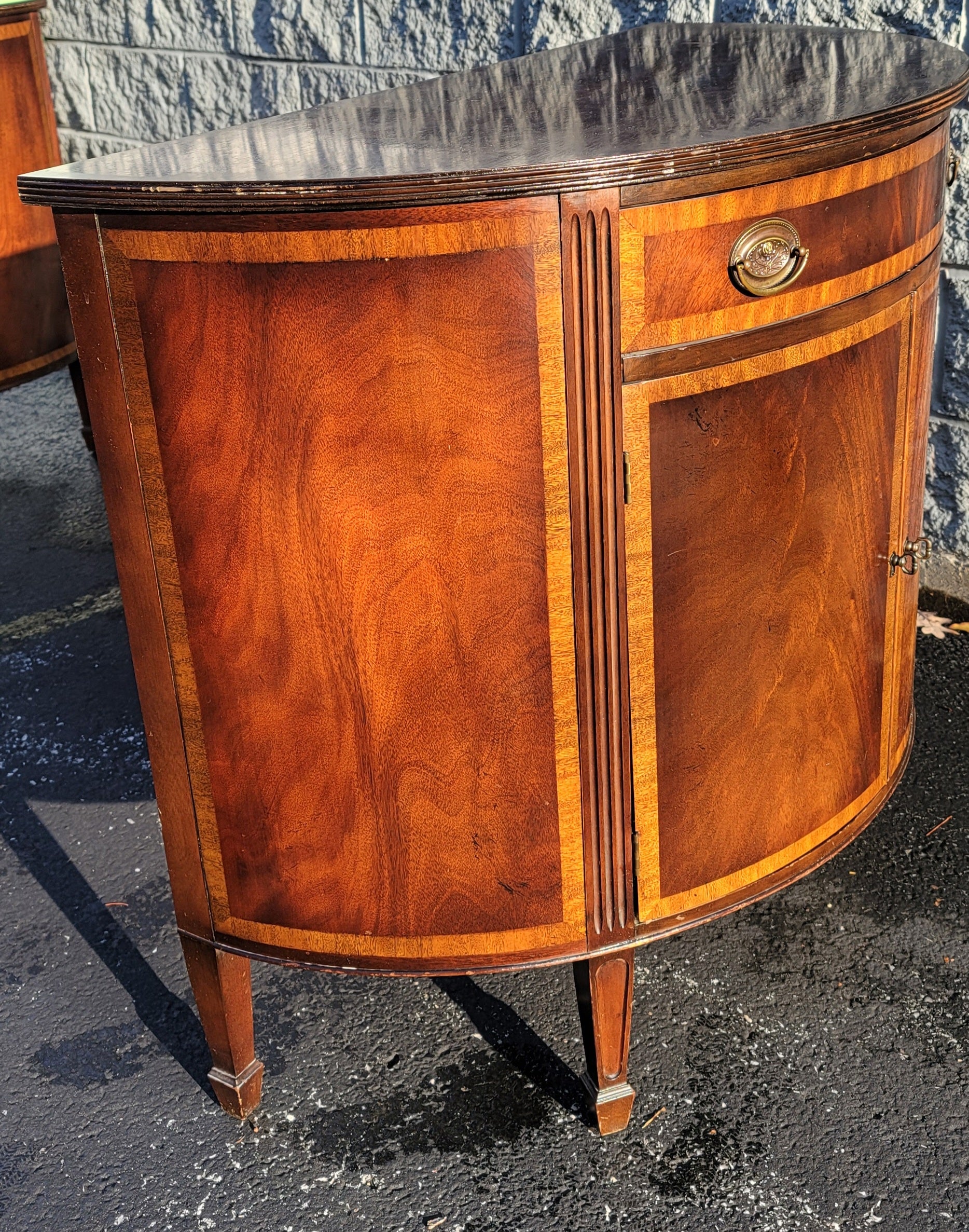 Mid-19th Centruty George III Demilune Banded Flame Mahogany Commodes Cabinets 3