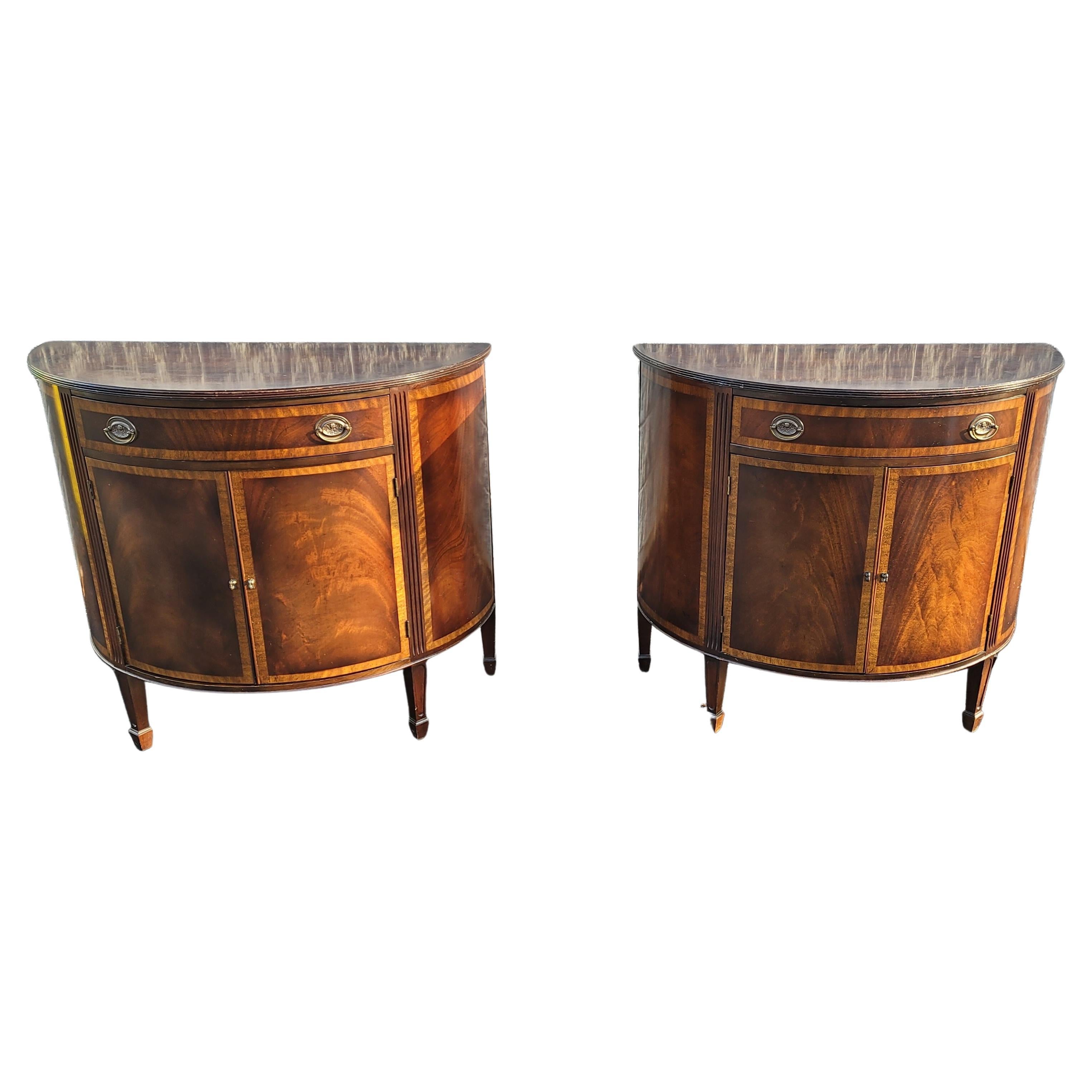 American Mid-19th Centruty George III Demilune Banded Flame Mahogany Commodes Cabinets