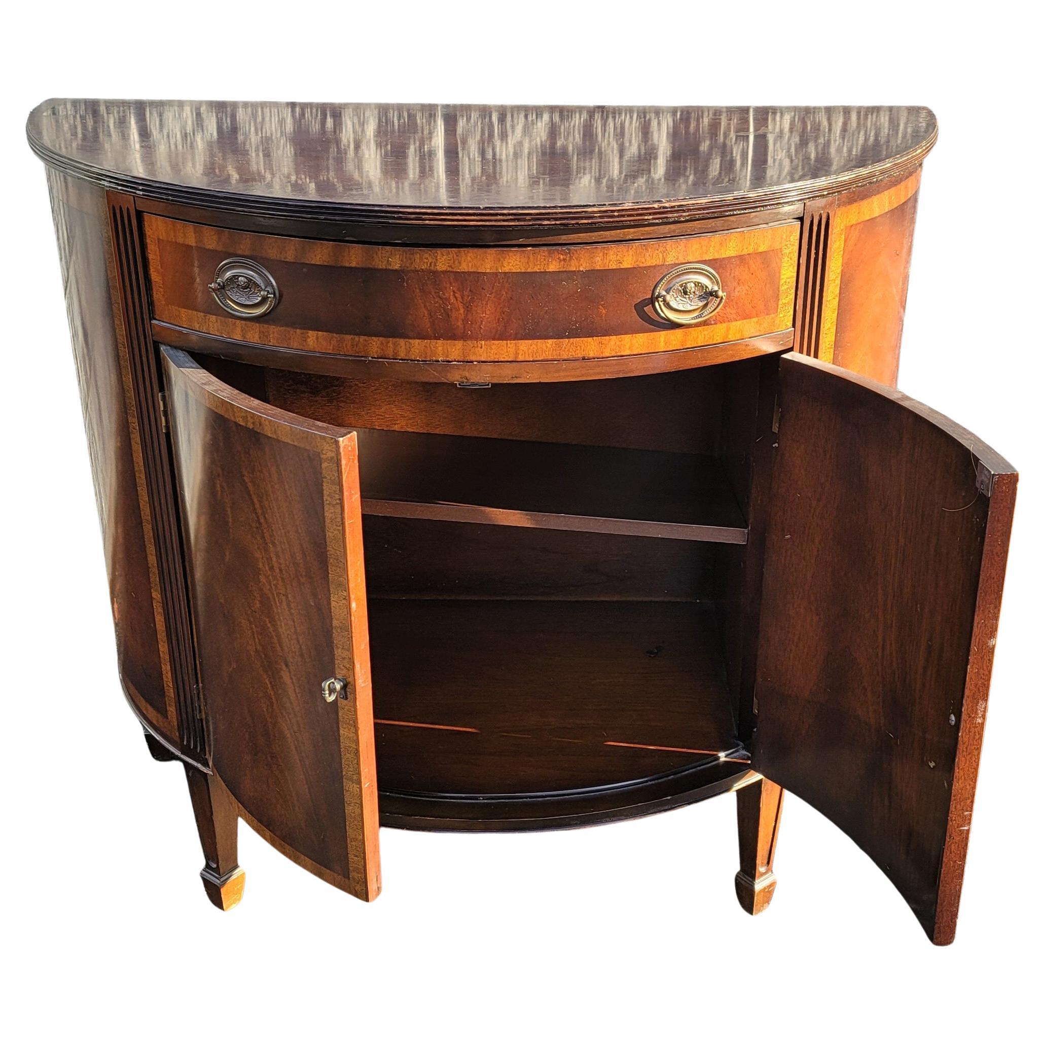 Mid-19th Centruty George III Demilune Banded Flame Mahogany Commodes Cabinets 1
