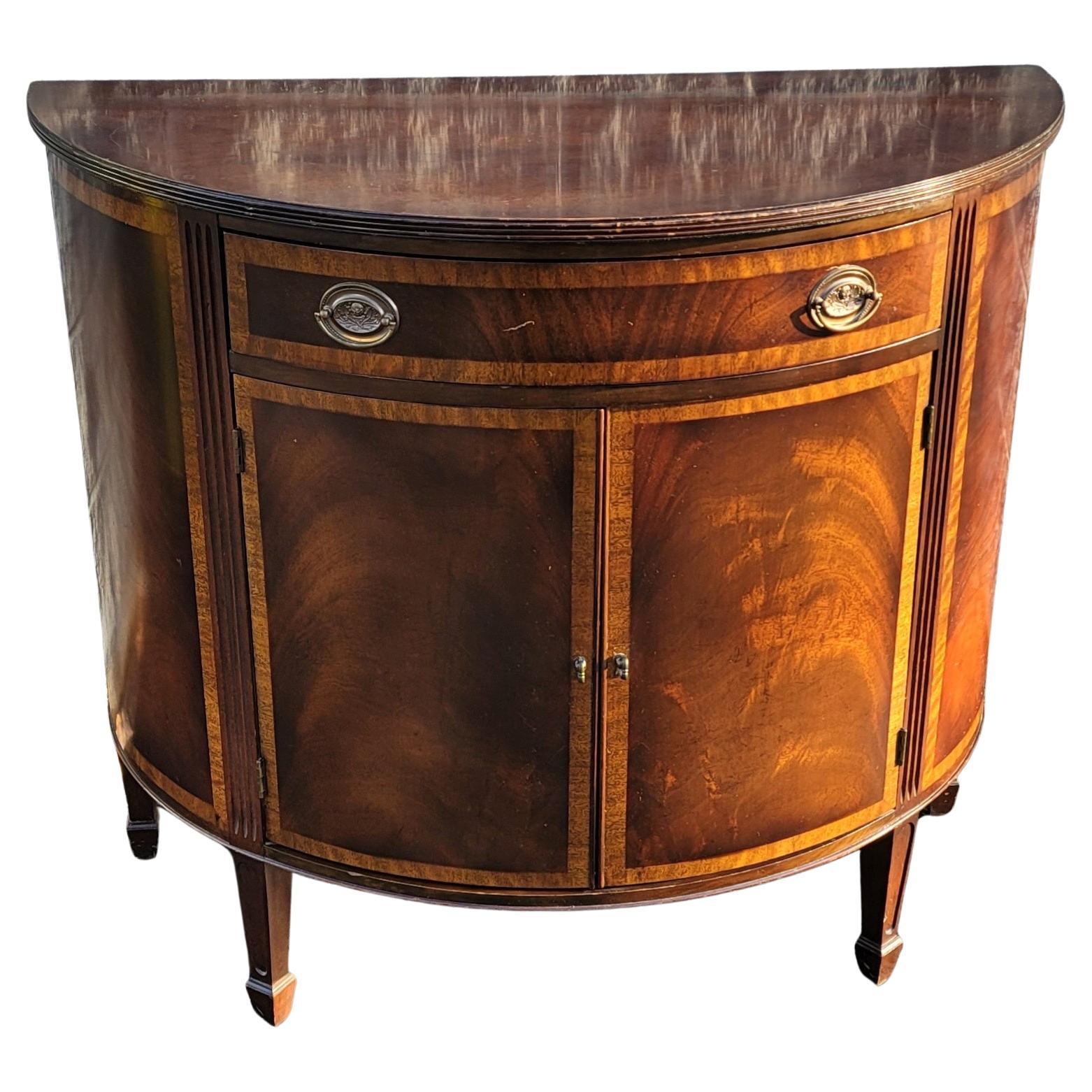 Mid-19th Centruty George III Demilune Banded Flame Mahogany Commodes Cabinets 2