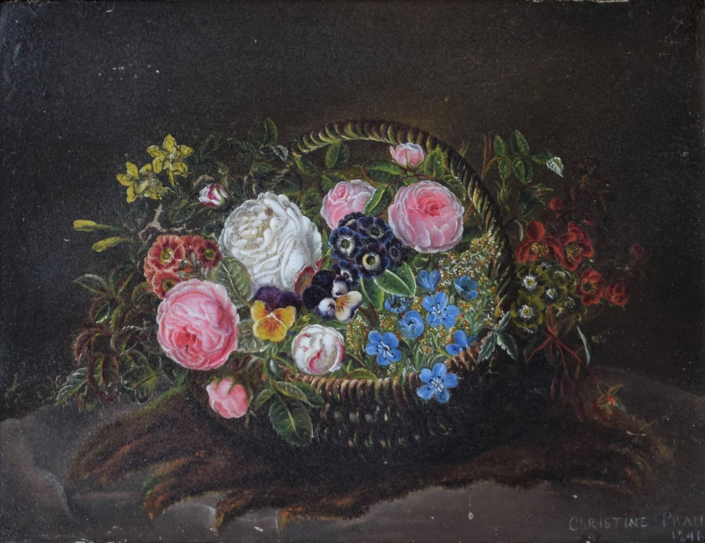 Still-life with flowers in a basket by the Danish painter Christine Prahl. In the school of I.L. Jensen.
Signed: Christine Prahl 1846, oil on panel.
Dimensions:
In 9.1 H x in 10.6 W x in 1.2 D / cm 23 H x cm 27 W x cm 3 D.
(In 5.12 H x in 6.7 W