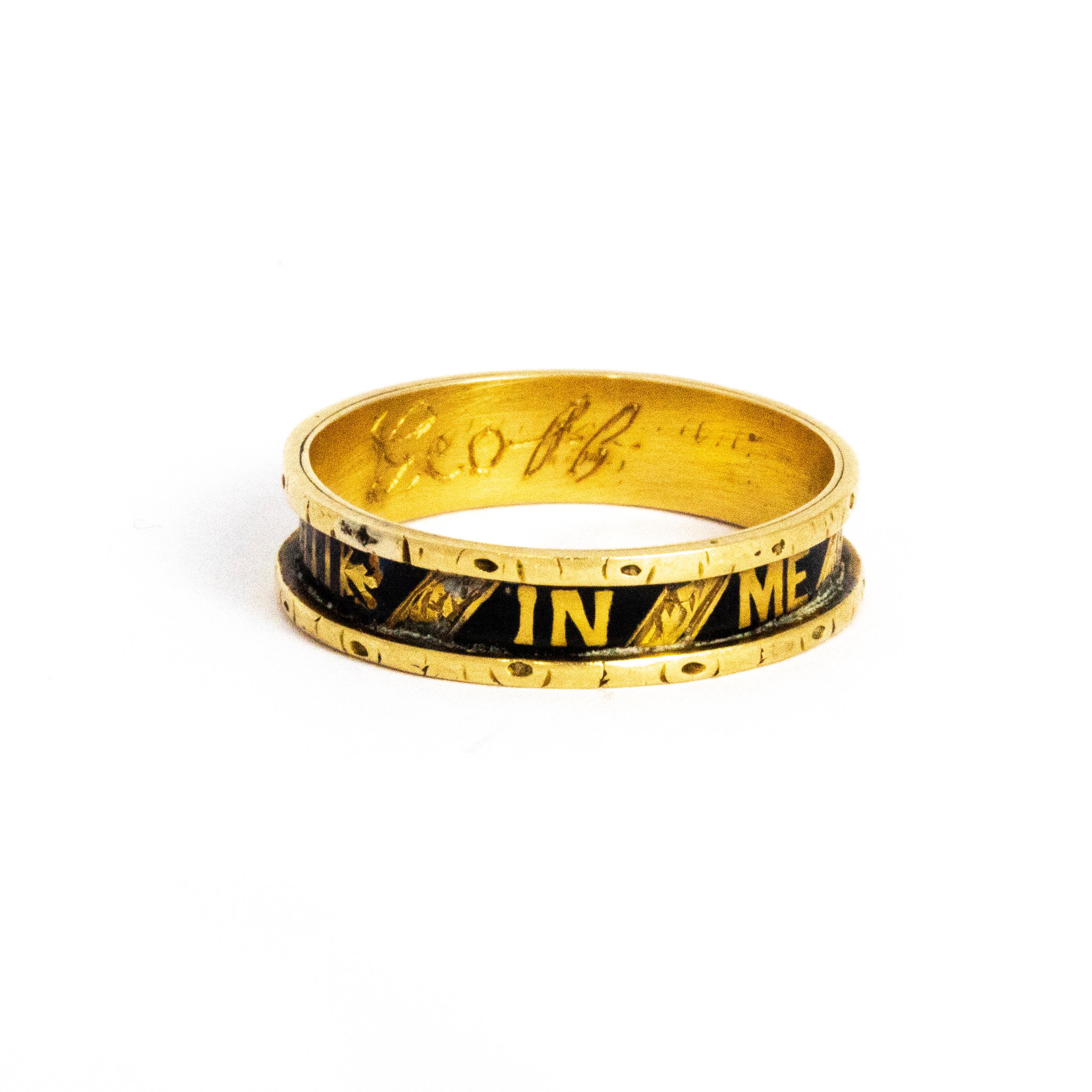 Lovely example of a mid 19th century 'In Memory' band with detailed with black enamel and on the inner band the inscription reads 'Geoff'.

Ring Size: R or 8 1/2