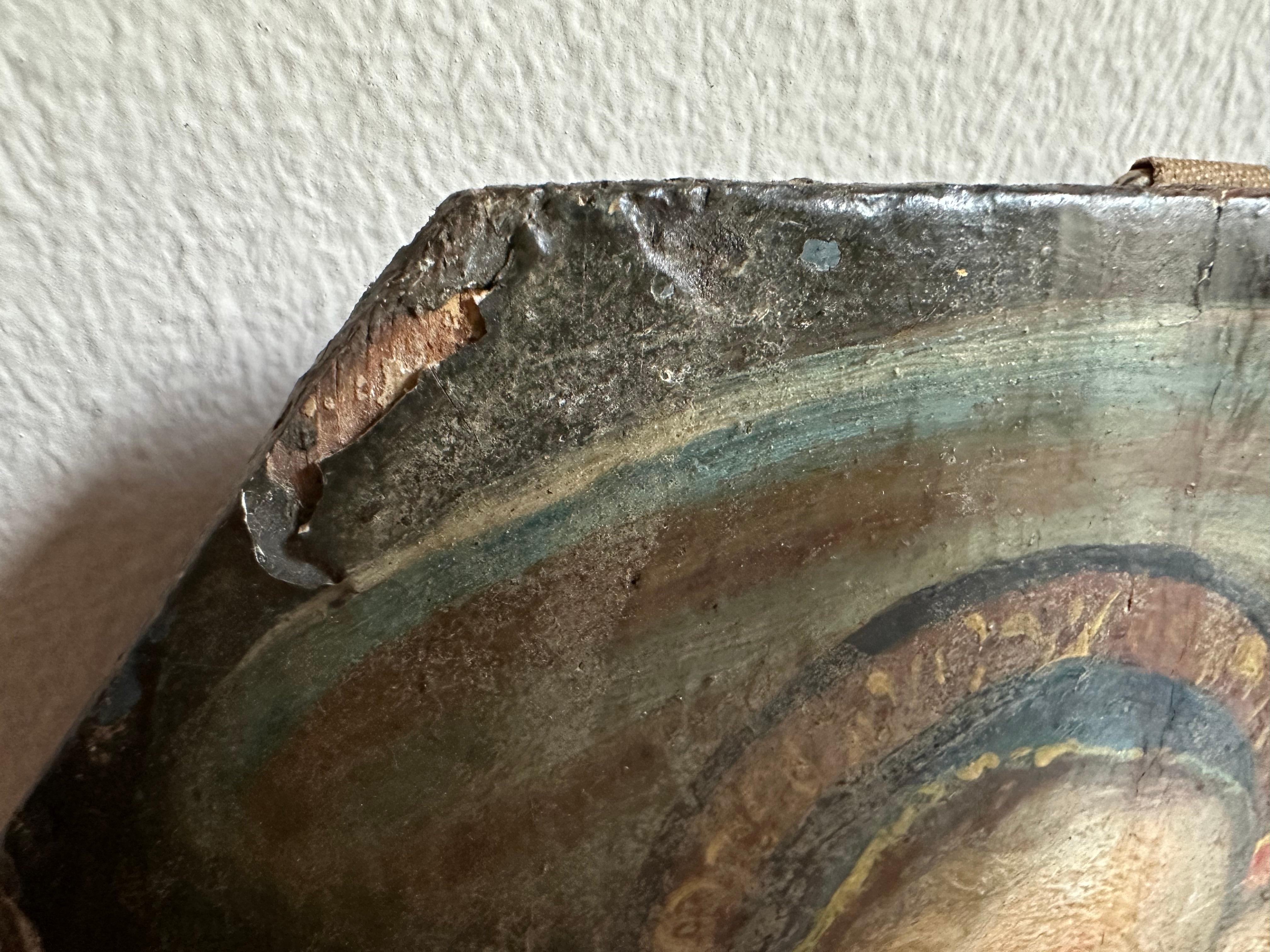 Mid-19th Century Alpine Oil Painting on Wood – Madonna /Child with Flaming Heart For Sale 5