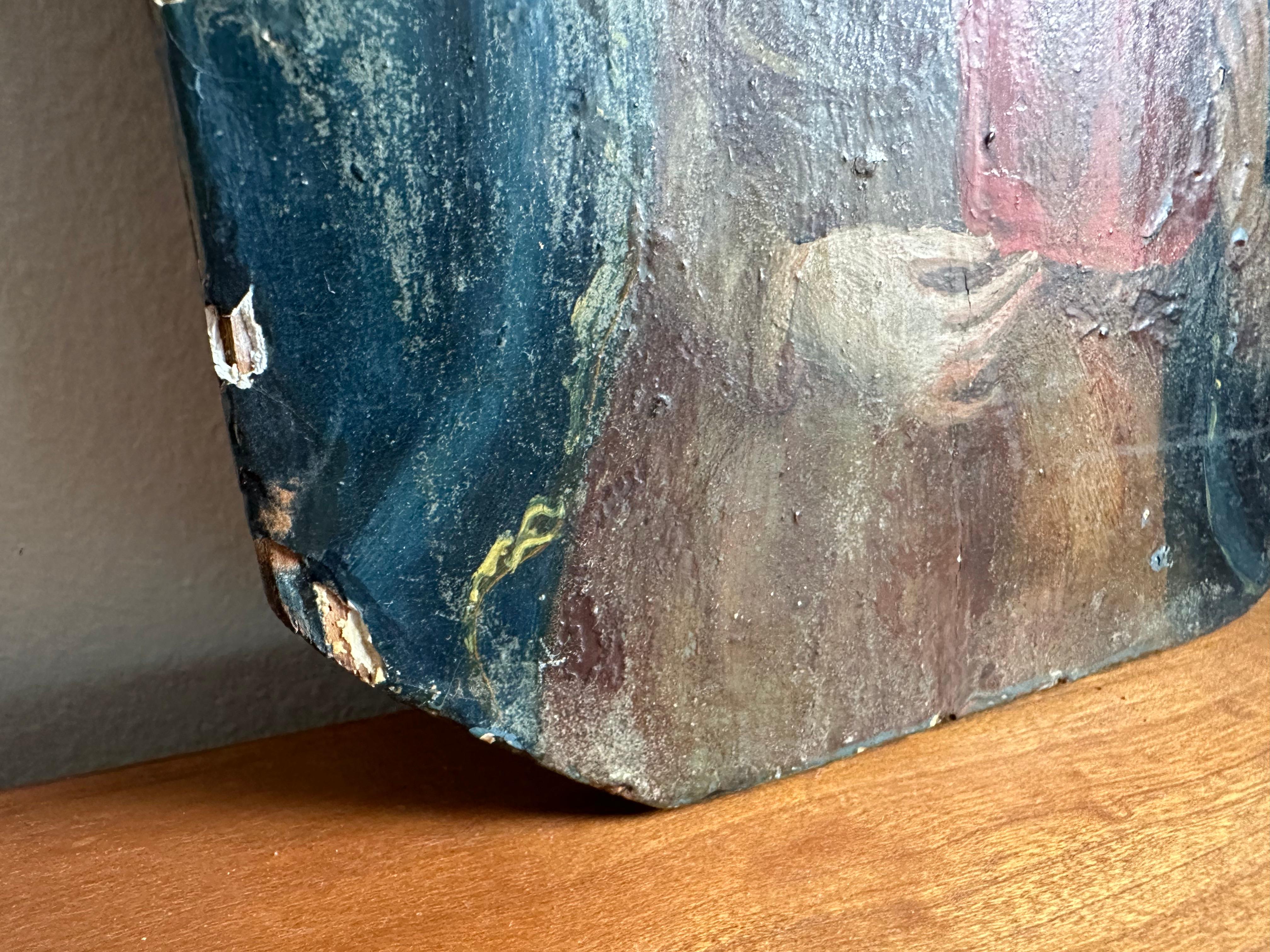 Mid-19th Century Alpine Oil Painting on Wood – Madonna /Child with Flaming Heart For Sale 6