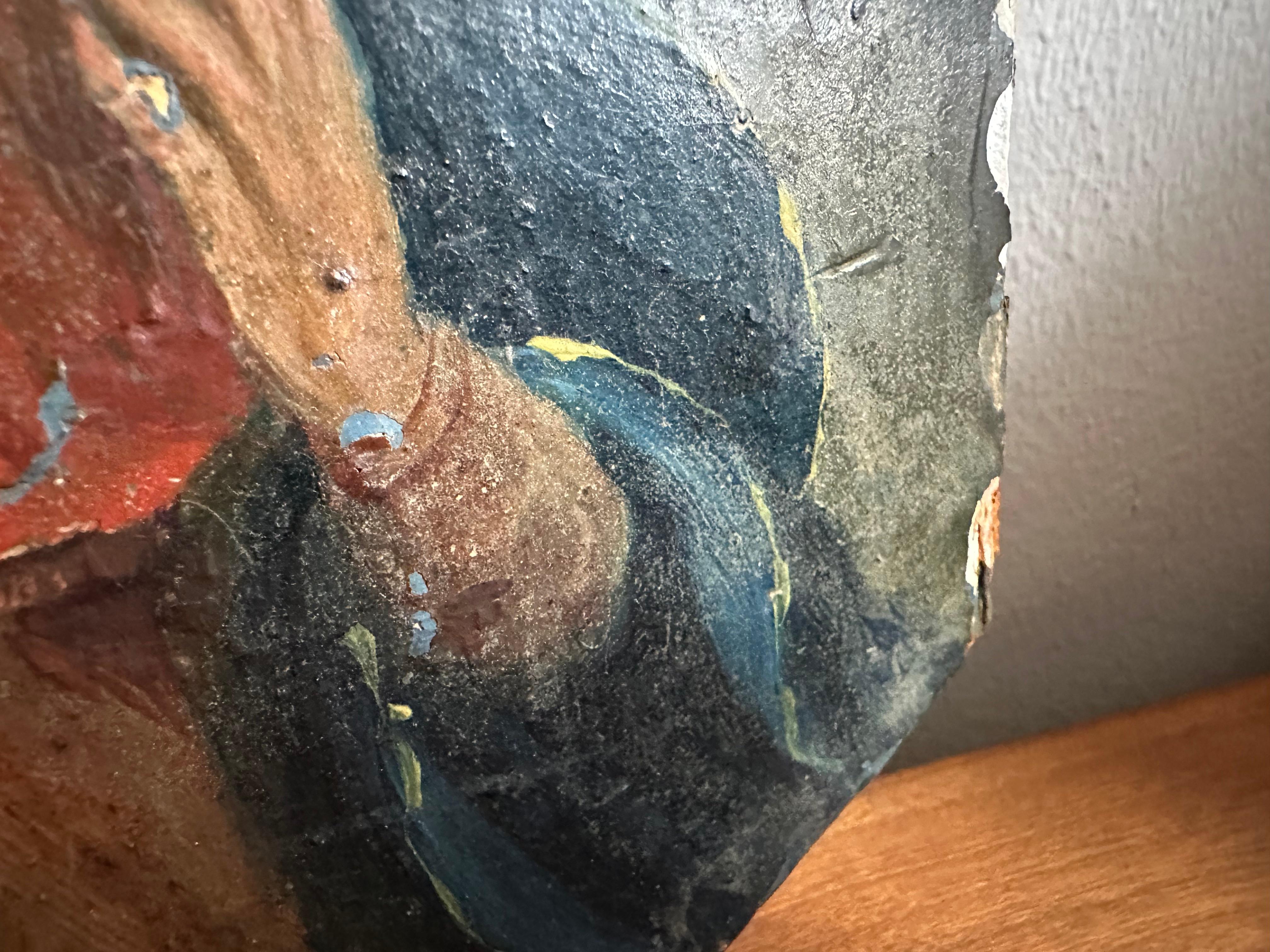 Mid-19th Century Alpine Oil Painting on Wood – Madonna /Child with Flaming Heart For Sale 7