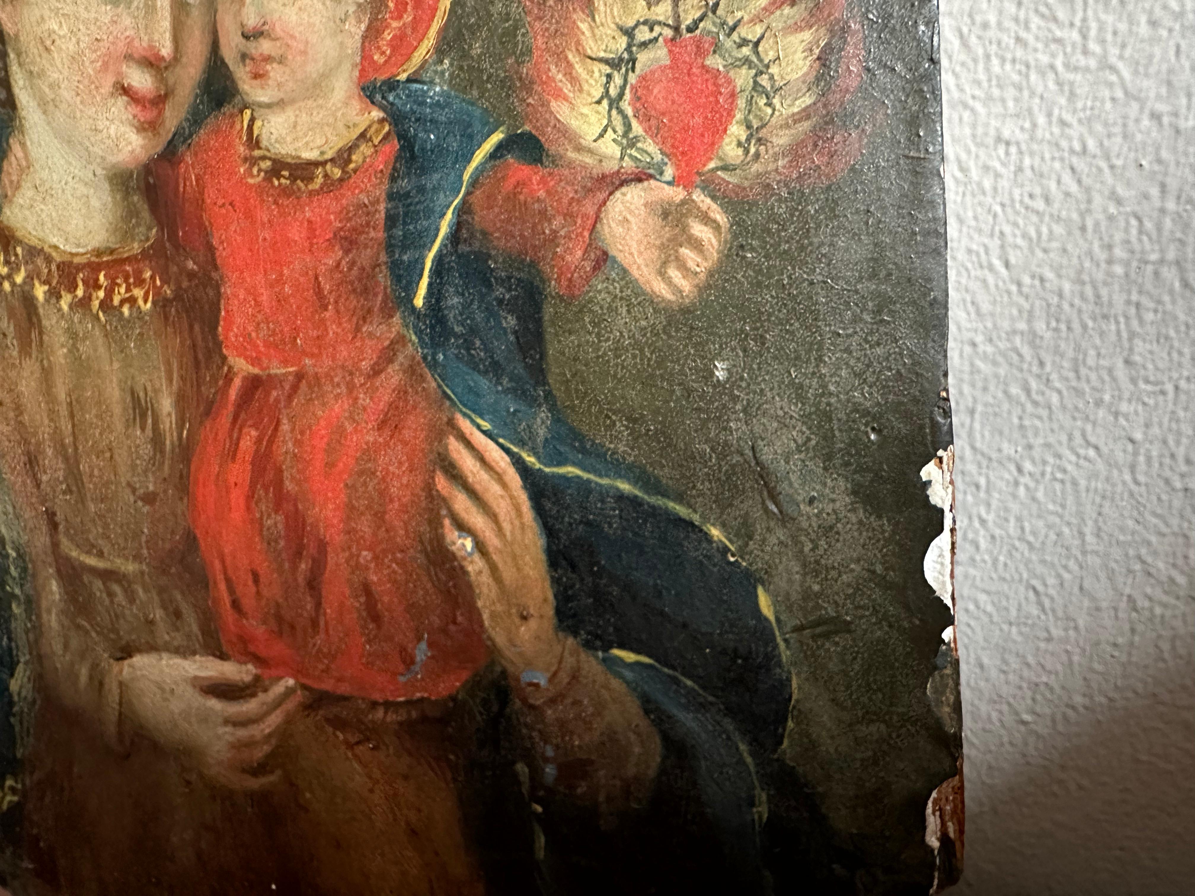 Mid-19th Century Alpine Oil Painting on Wood – Madonna /Child with Flaming Heart For Sale 8