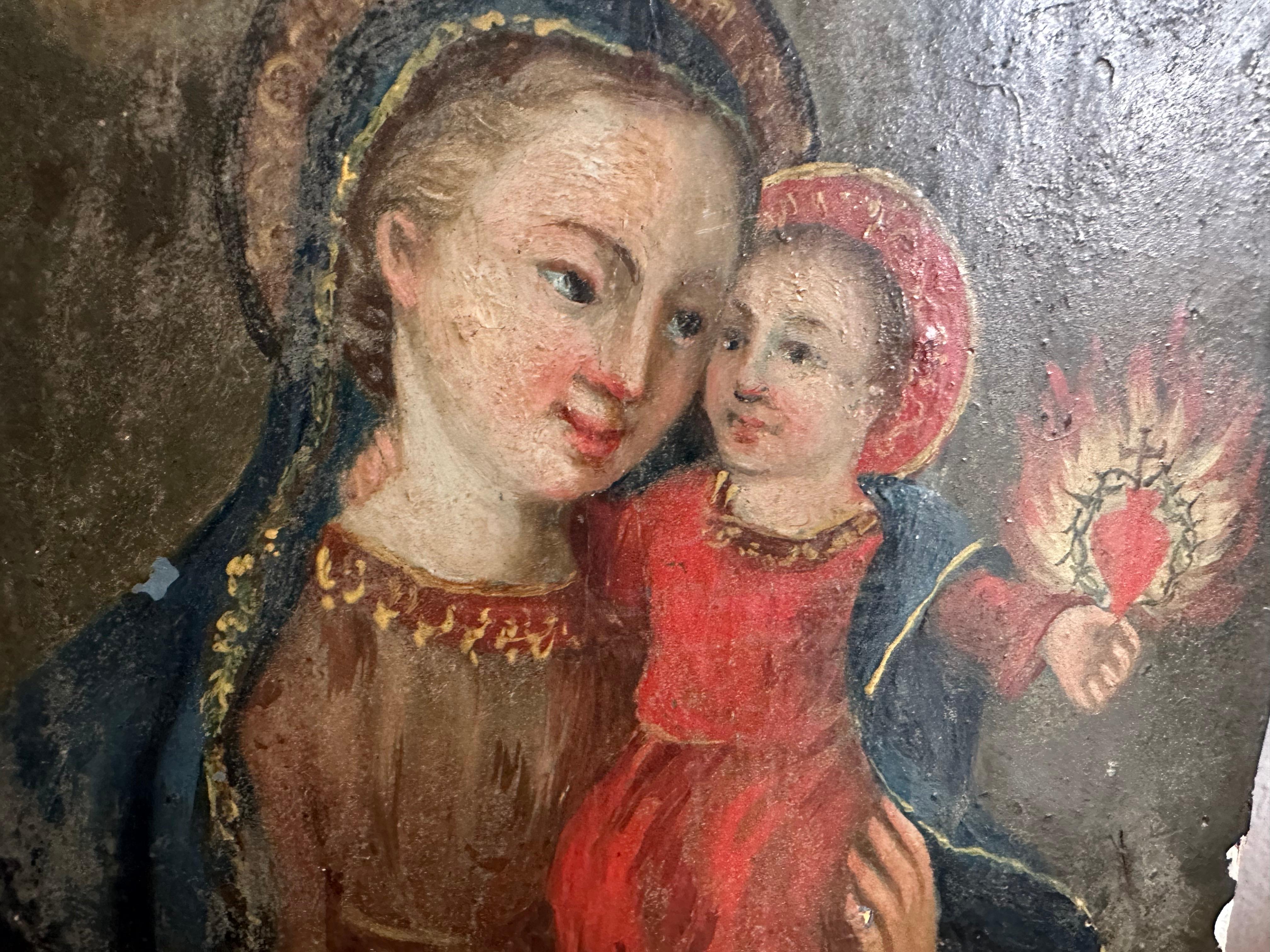 Mid-19th Century Alpine Oil Painting on Wood – Madonna /Child with Flaming Heart For Sale 9
