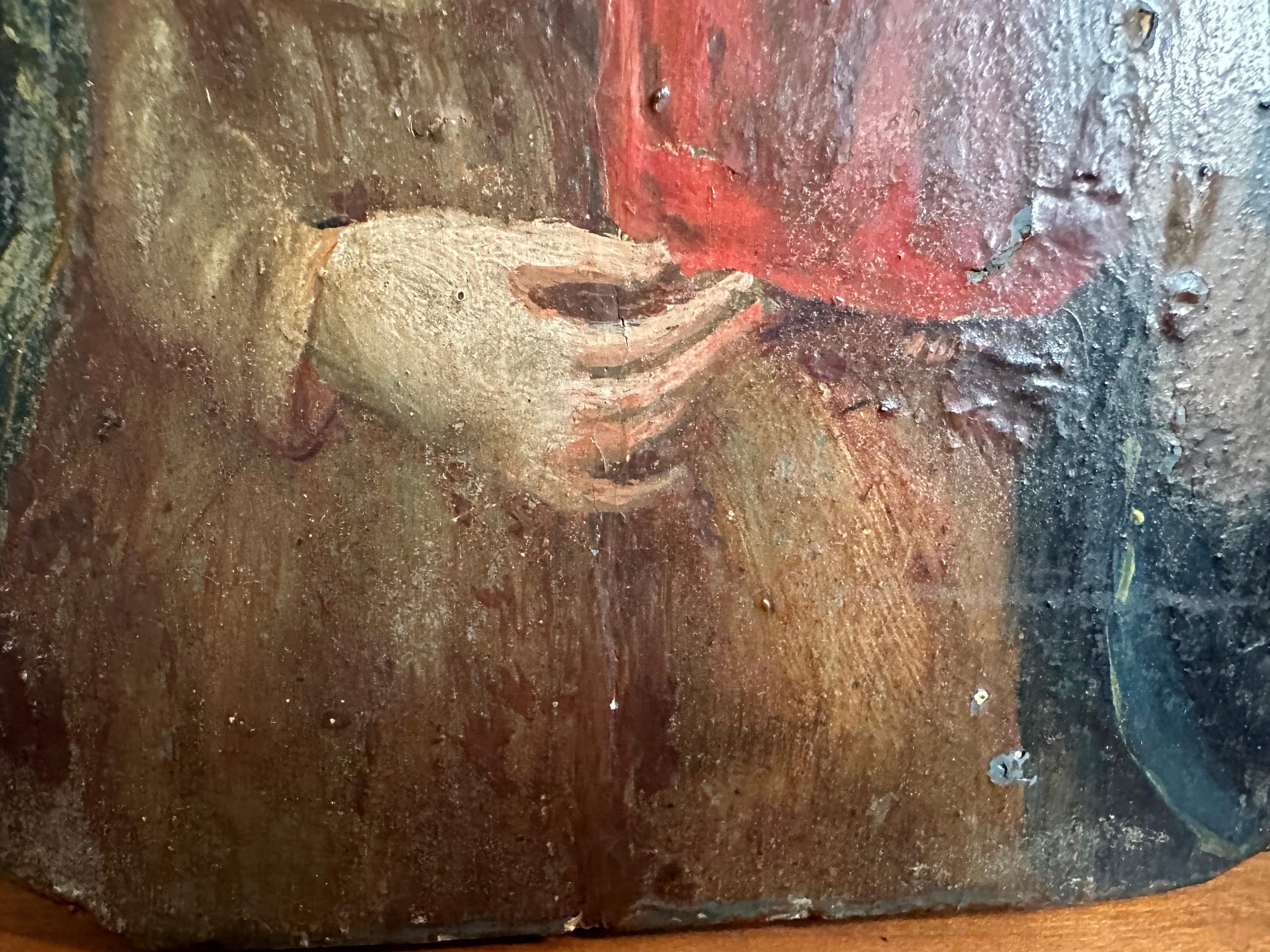 Mid-19th Century Alpine Oil Painting on Wood – Madonna /Child with Flaming Heart For Sale 10