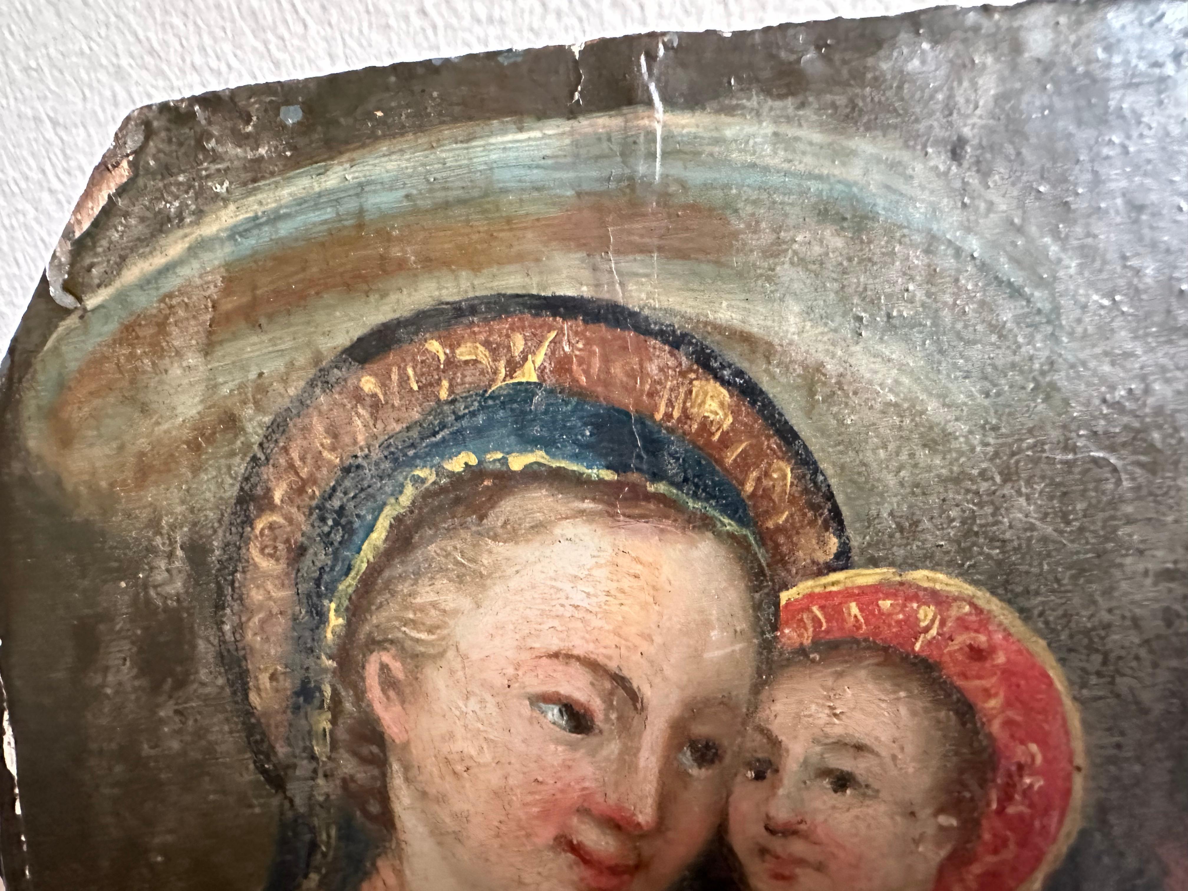 Mid-19th Century Alpine Oil Painting on Wood – Madonna /Child with Flaming Heart For Sale 11