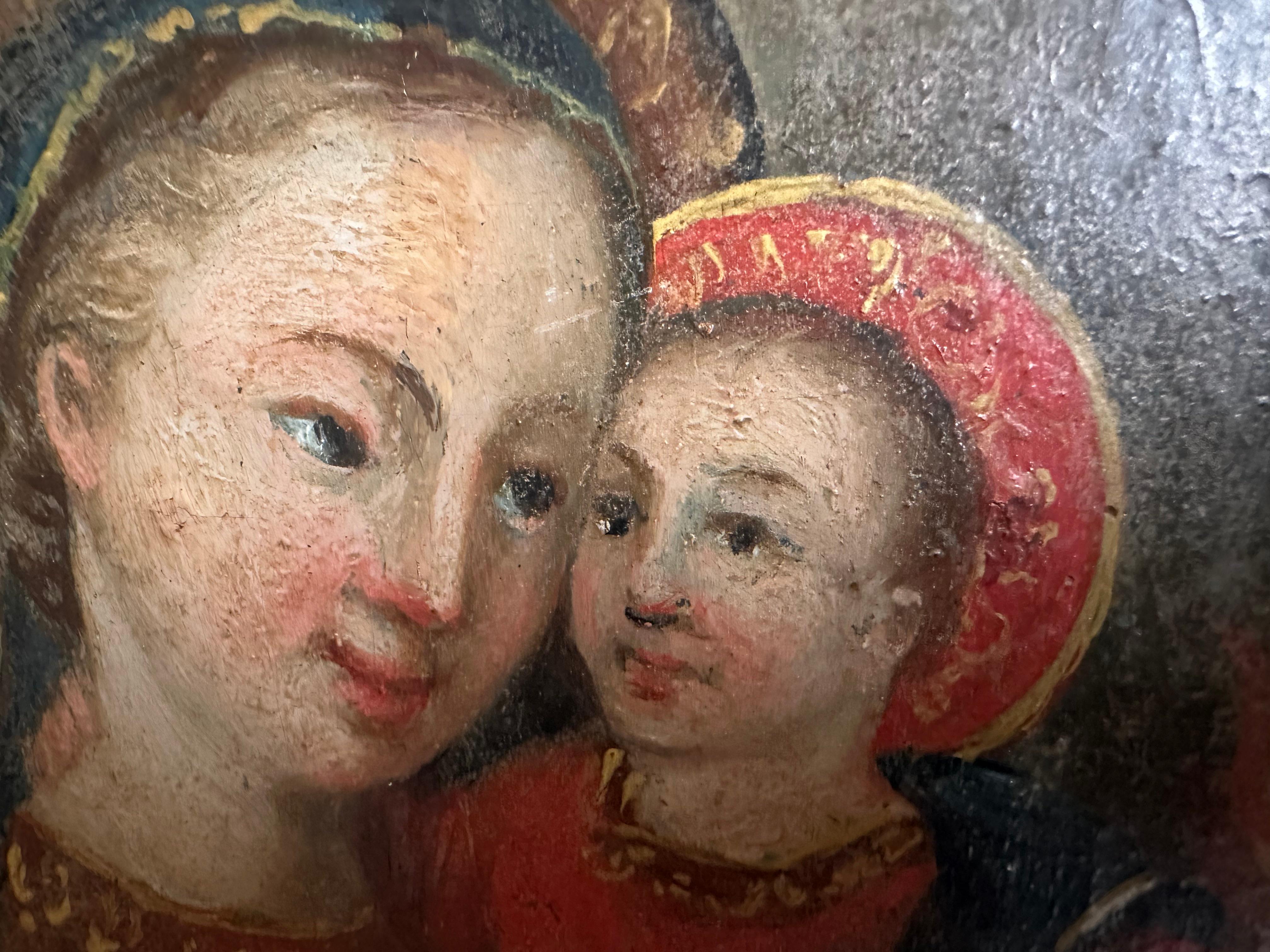 Mid-19th Century Alpine Oil Painting on Wood – Madonna /Child with Flaming Heart For Sale 12