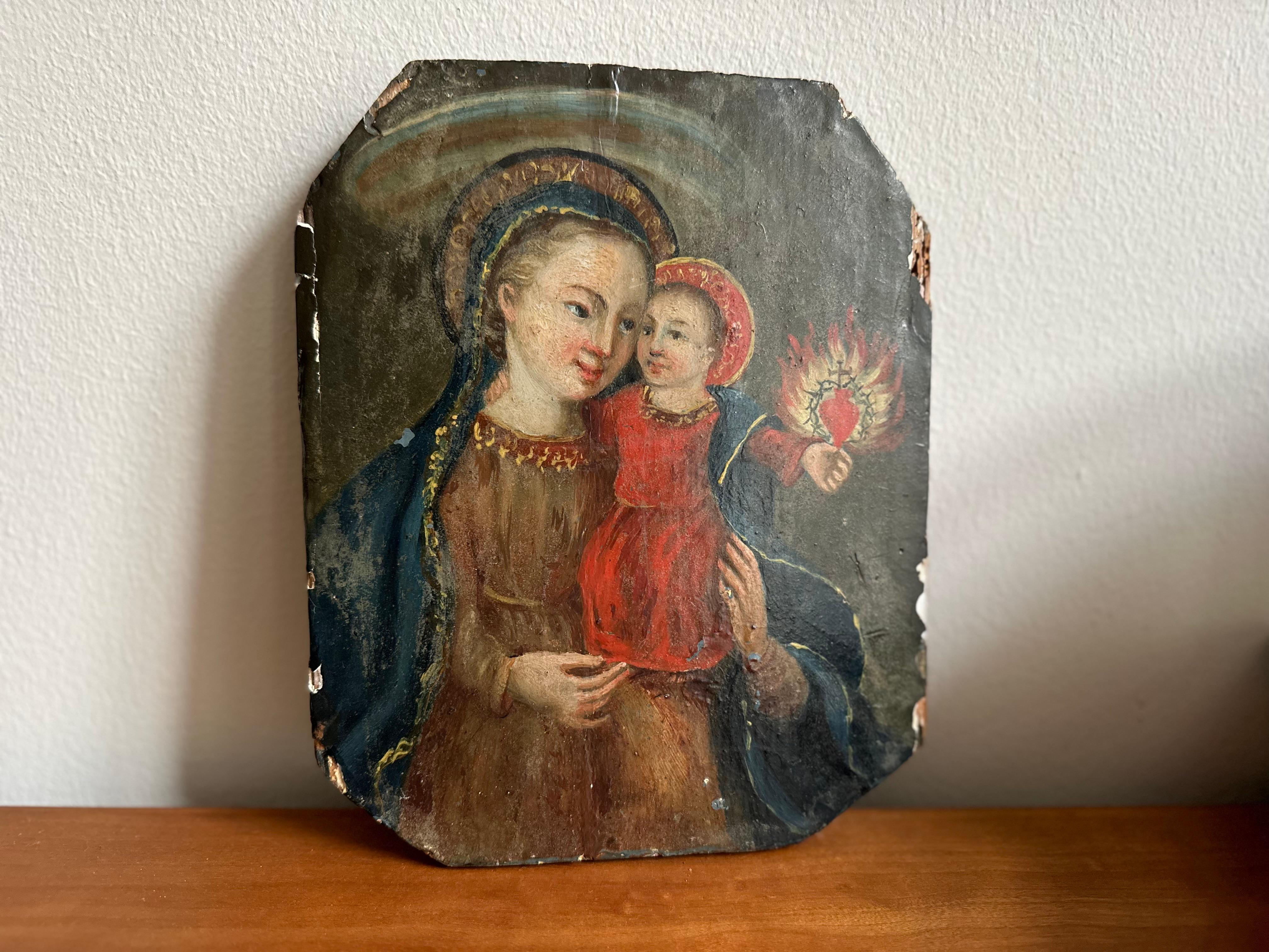 Mid-19th Century Alpine Oil Painting on Wood – Madonna /Child with Flaming Heart For Sale 13