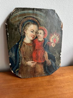 Mid-19th Century Alpine Oil Painting on Wood – Madonna /Child with Flaming Heart