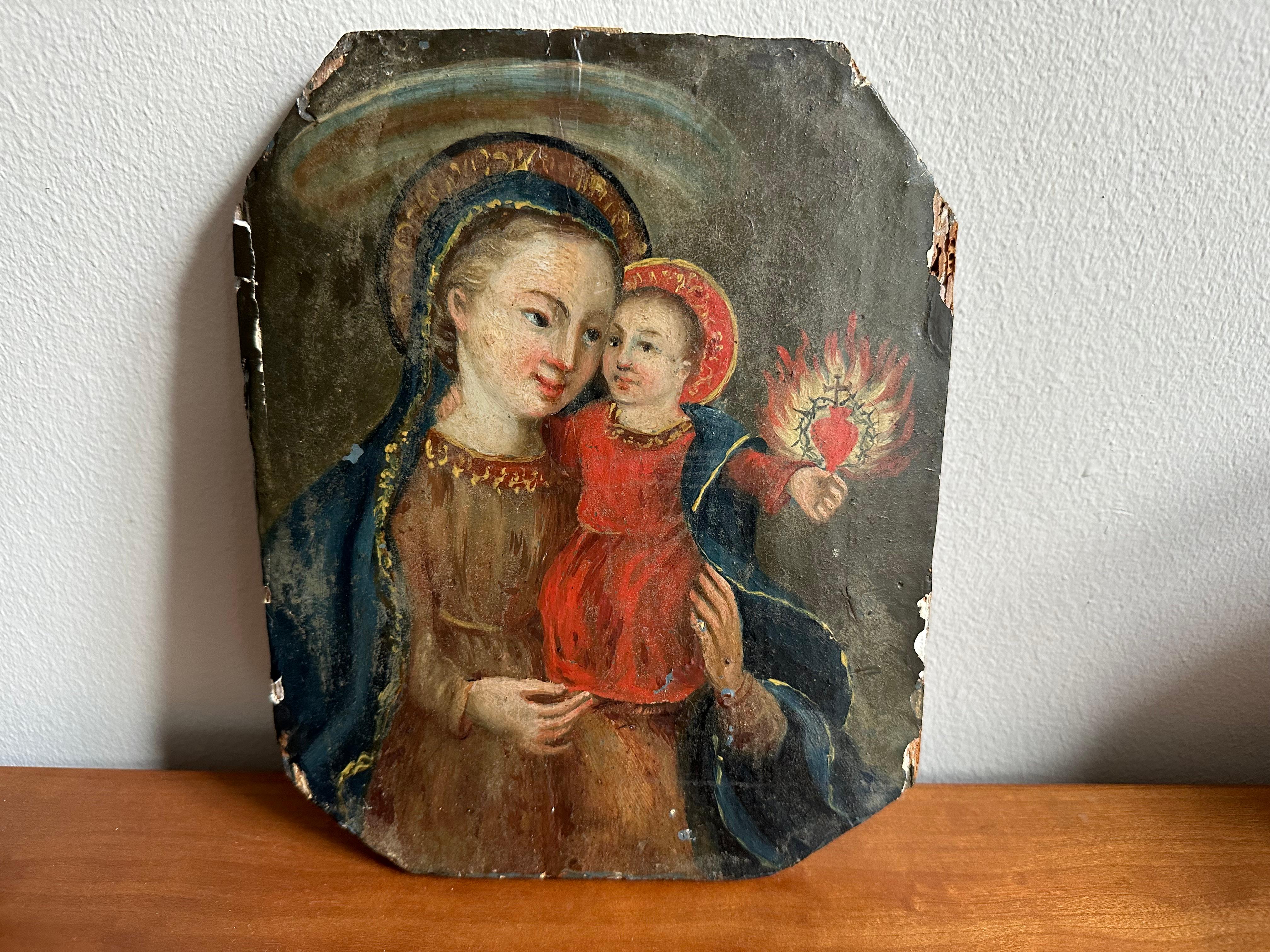 Biedermeier Mid-19th Century Alpine Oil Painting on Wood – Madonna /Child with Flaming Heart For Sale