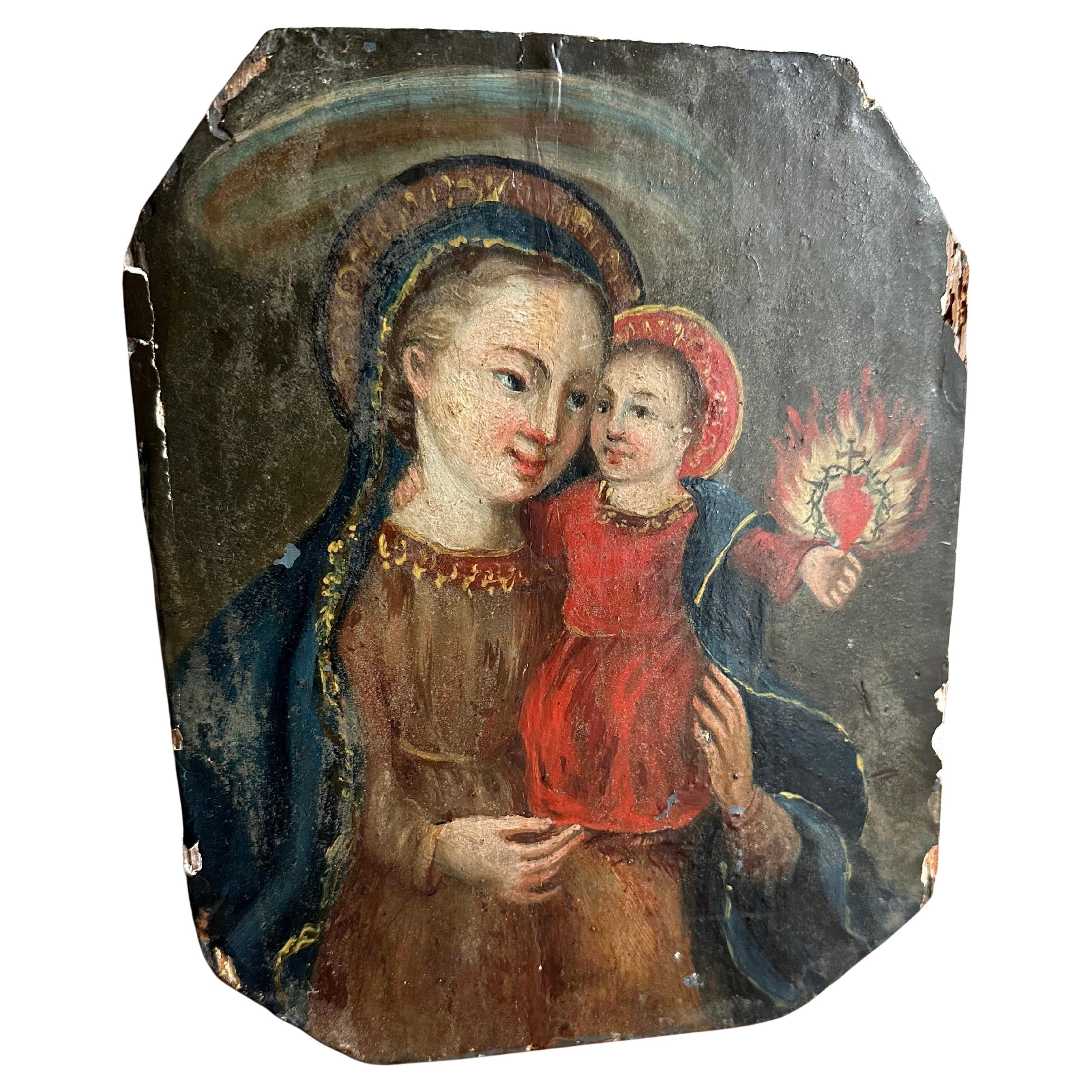 Mid-19th Century Alpine Oil Painting on Wood – Madonna /Child with Flaming Heart