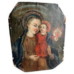 Mitte des 19. Jahrhunderts Alpine Ölgemälde auf Holz - Madonna /Kind mit flammendem Herz