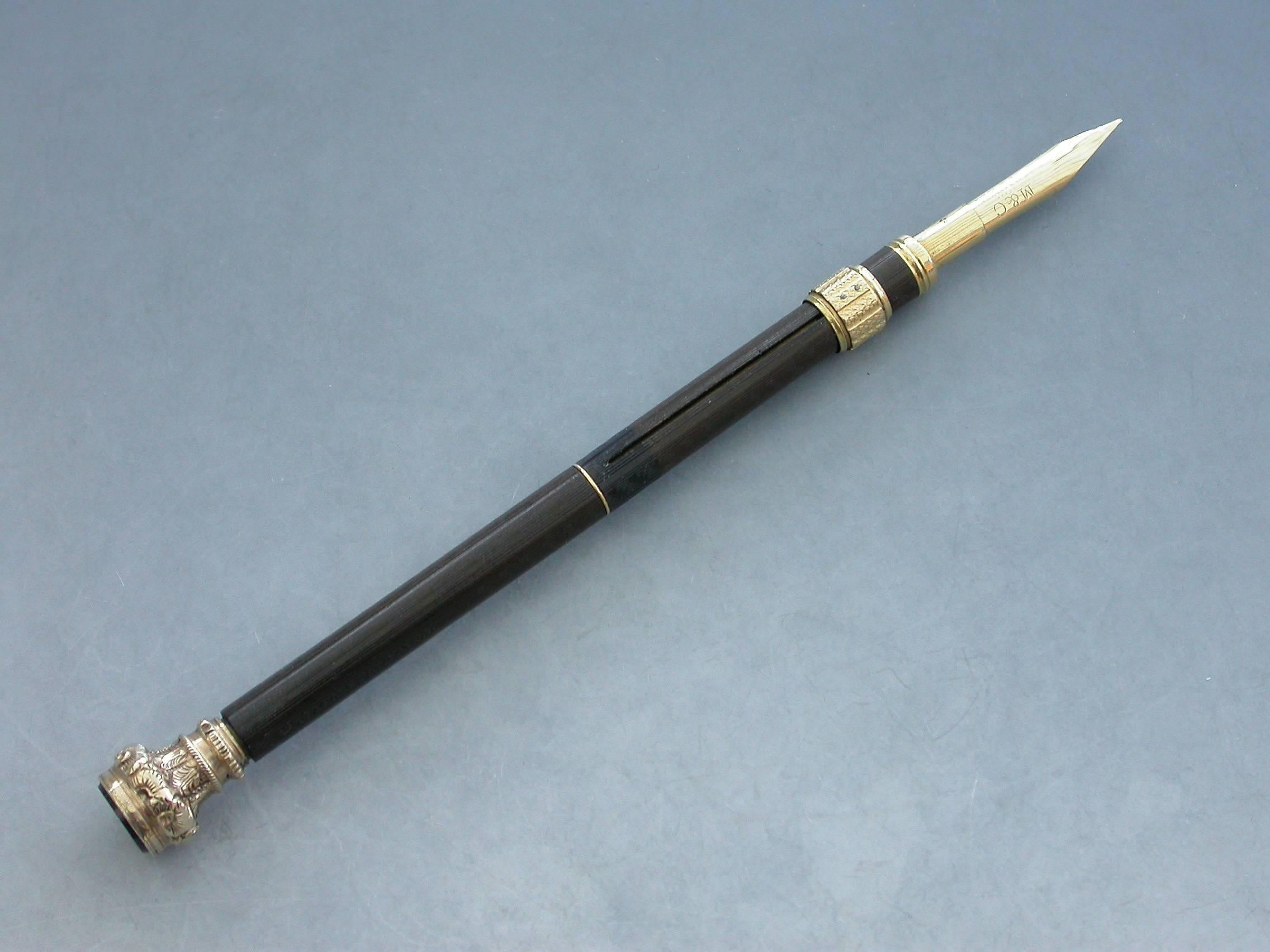 Unknown Mid-19th Century American Gold Mounted Combination Pen & Pencil Goodyears Patent For Sale