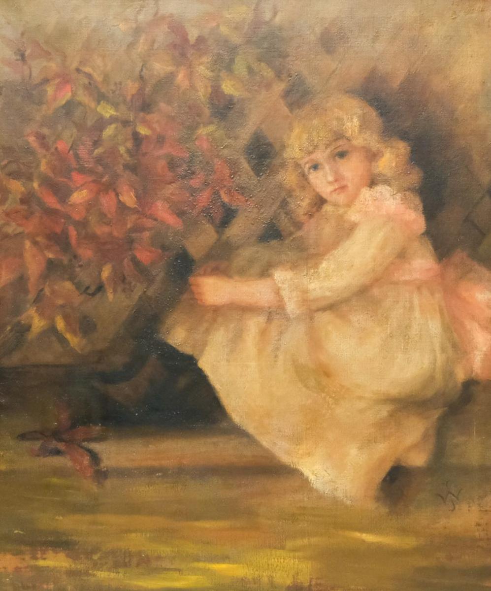 Mid 19th century American School Portrait of a girl oil on canvas painting. Depicts a young girl in a pink dress with blonde hair in front of lattice covered in a flowering vine. Signed with monogram LR and housed in a period gilt frame. Measures: