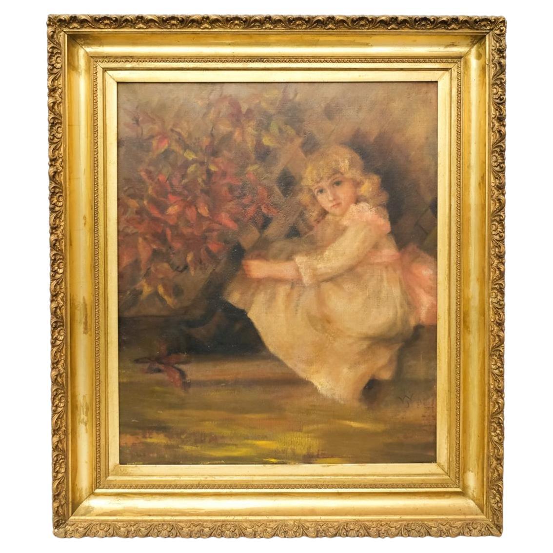 Mid 19th Century American School Portrait of a Girl Oil on Canvas in Gilt Frame