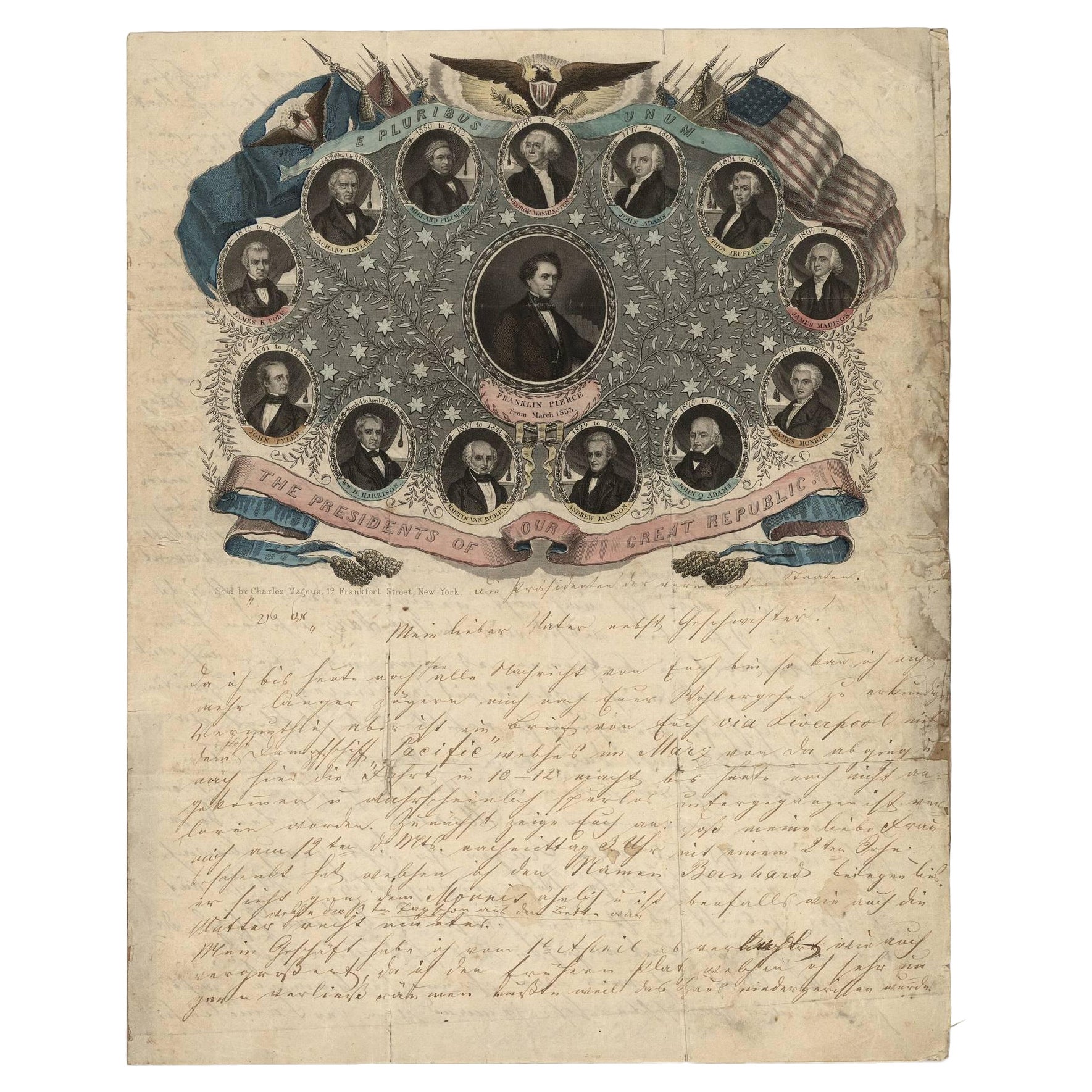 Stationnaire américain du milieu du 19e siècle avec lettre de manuscrit, signé 1854
